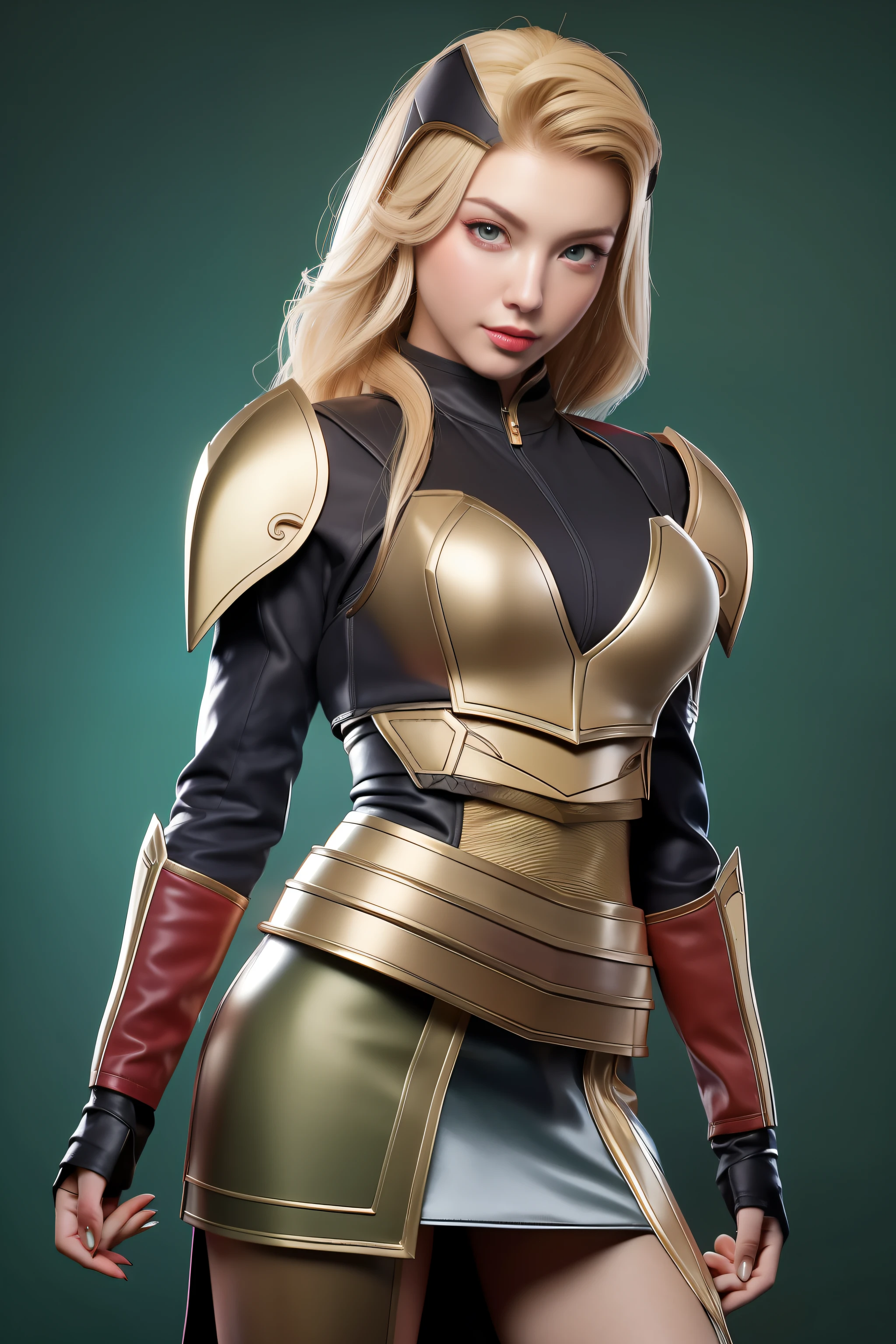 Beautiful Face Woman、a blond、Green background、 Beautuful Women、18year old、prety woman、hyper realistic photography、High-definition photos、red lipsticks、Mandalorian Style Metal Armor Skirt Suit、big eye、The skin is not very exposed、Do not cut your head off the screen、Middle skirt