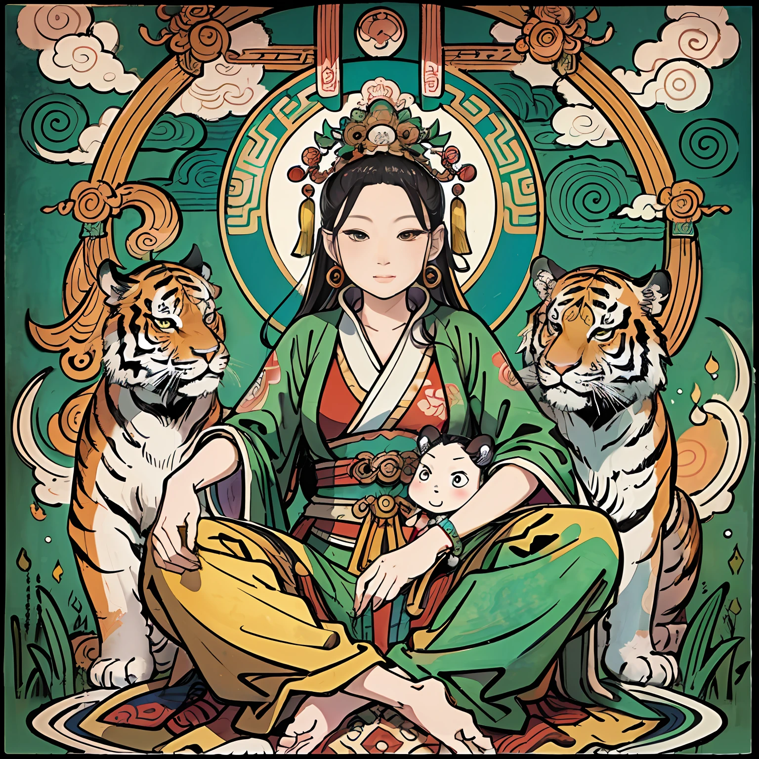 an ancient Chinese goddess, guanyin of the southern seas, Guanyin, Inspired by India, Avalokiteshvara rides a tiger,,Serene expression,shui mo hua,Buddha,Buddhist,Lotus,Chinese painting style,Thangka style