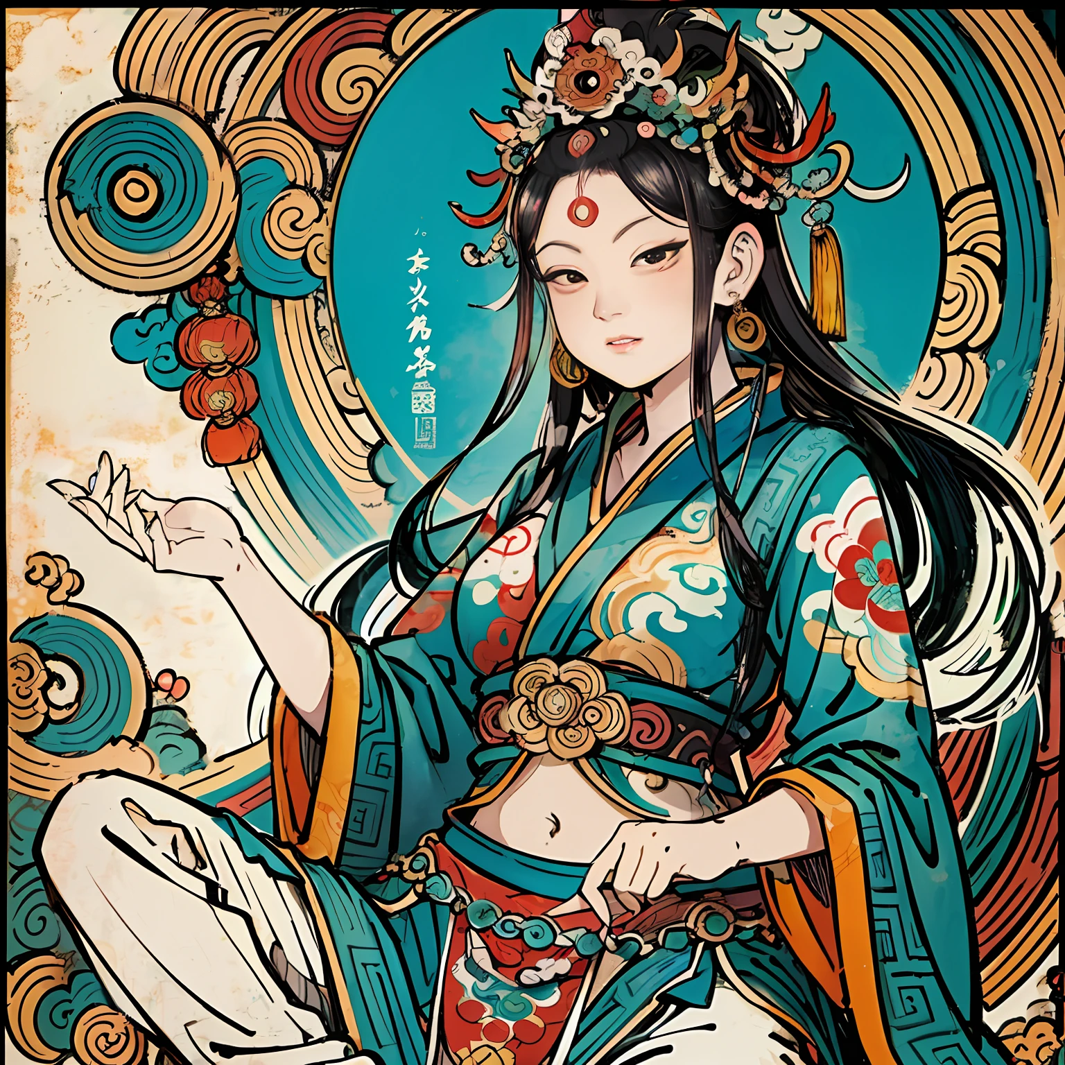 an ancient Chinese goddess, guanyin of the southern seas, Guanyin, Inspired by India, Avalokiteshvara rides a tiger，,Serene expression,shui mo hua,Buddha,Buddhist,Lotus,Chinese painting style,Thangka style