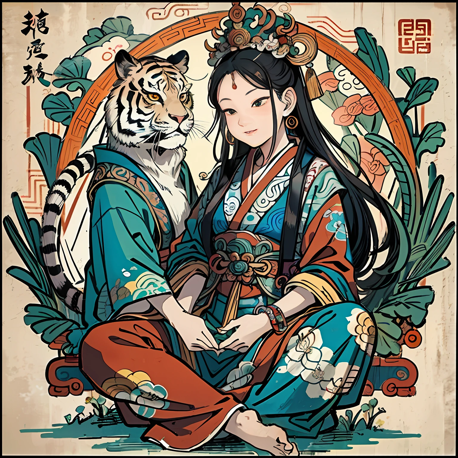 an ancient Chinese goddess, guanyin of the southern seas, Guanyin, Inspired by India, Avalokiteshvara rides a tiger，,Serene expression,shui mo hua,Buddha,Buddhist,Lotus,Chinese painting style,Thangka style