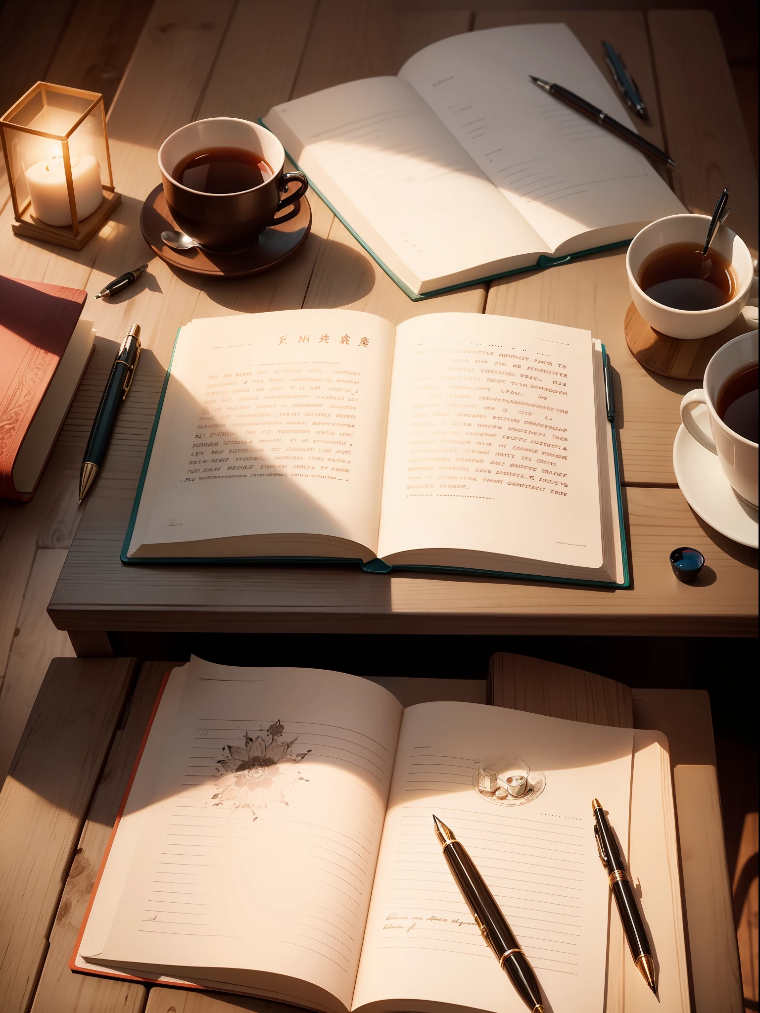 Skillful fingers tracing words in a blank notebook, pen ink flowing organically and expressively, Wooden table with a cup of tea next to it, soft lighting highlighting the act of writing, illustration, estilo de arte em nanquim