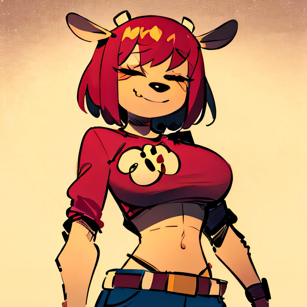 Lammy, furry female, deer ears,half-closed eyes, animal ears, short red hair , standing, smiling, solo,
LMattire, sleeves, red shirt, jeans, belt, crop top, midriff
(insanely detailed, beautiful detailed face, masterpiece, best quality)