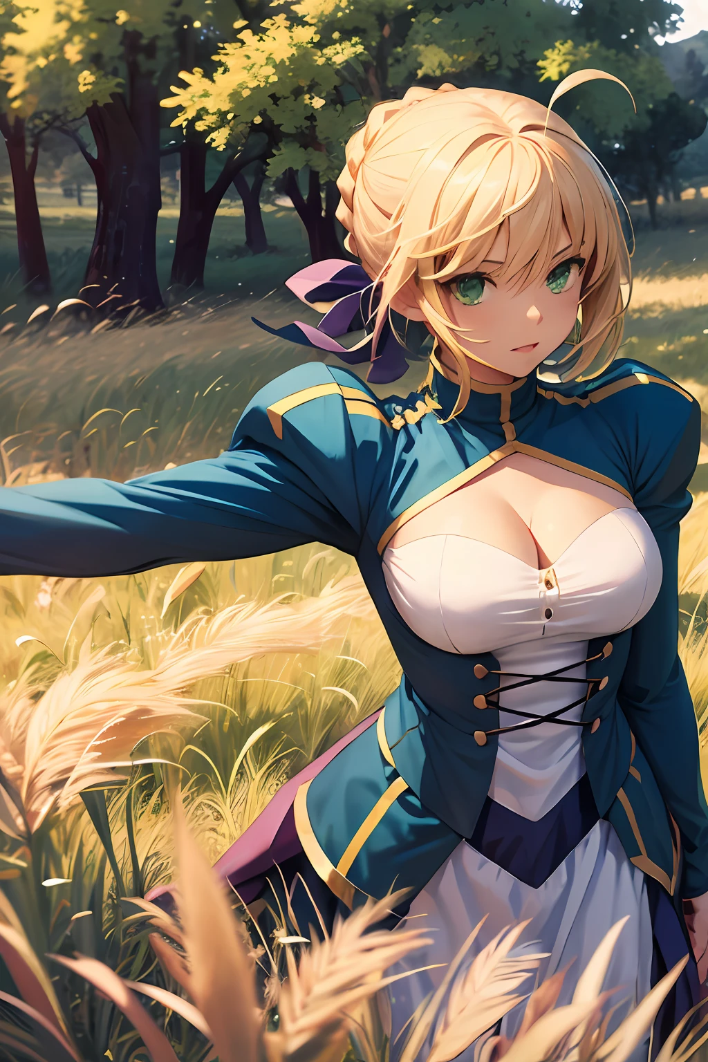 masterpiece, best quality, highres, bbsaber, green eyes, ahoge, field, standing, sword, excalibur \(fate/stay night\), outdoors, cleavage