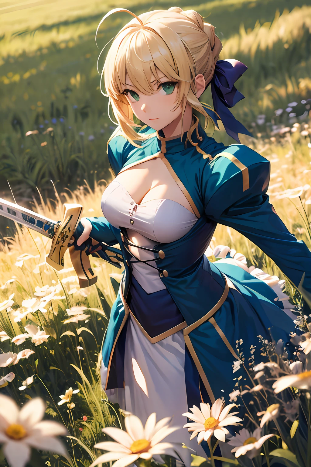 masterpiece, best quality, highres, bbsaber, green eyes, ahoge, field, standing, sword, excalibur \(fate/stay night\), outdoors, cleavage