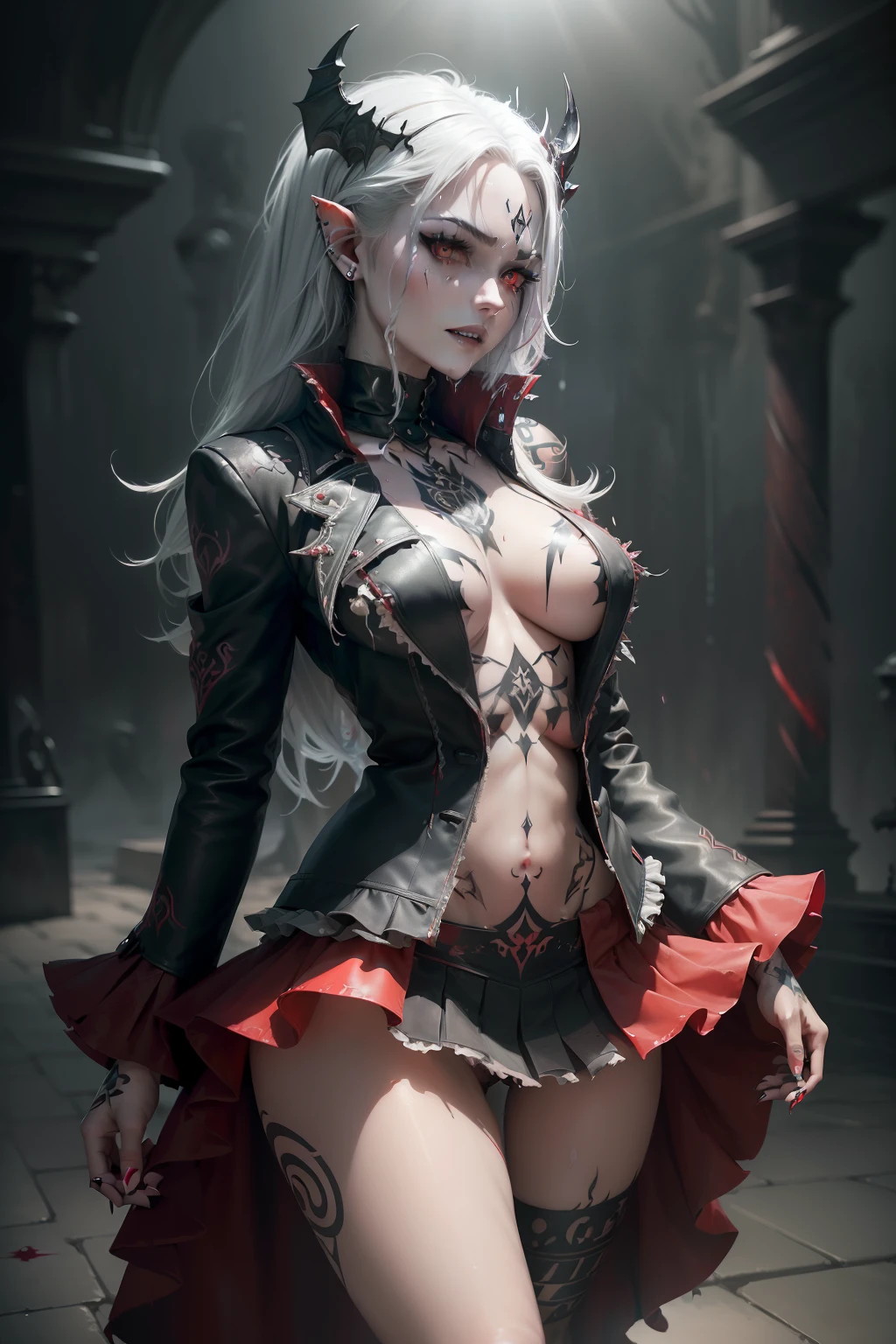 (Ashenhardt style:1.4), Masterpiece, Best quality, High quality,(Red eyes with dark red glow), (in profile), Abstraction, Deep Sea, Award-winning photography, Depth of field, HDR, Very detailed, Trending in art station, Trending in CGsociety, Complex, High detail,(Masterpiece: 1.2, highest quality), (Best lighting, very delicate and beautiful), (Best lighting, Very delicate and beautiful), (beautiful detailed face), (detailed eyes and detailed face:1.2), dark fantasy, (young girl, 1girl, solo, crazy smile, pale skin,G cup,cleavage,19 piercings,((tattoo all over body,tribal tattoo all over foot)) gray hair, red glowing eyes, dynamic angle, vampire), ((back art paint on the ground, pointy_ears, fangs, blood on face, blood rain, blood mist, (depth of field),high contrast,(blood splash:1.4),cowboy shot,full body, colorful poses,((Uniform,Blazer,Ruffled miniskirt,Light colored panties:1)),Cowboy shot,Denim jacket, really short clothes, visible pussy, pussy juice NSFW