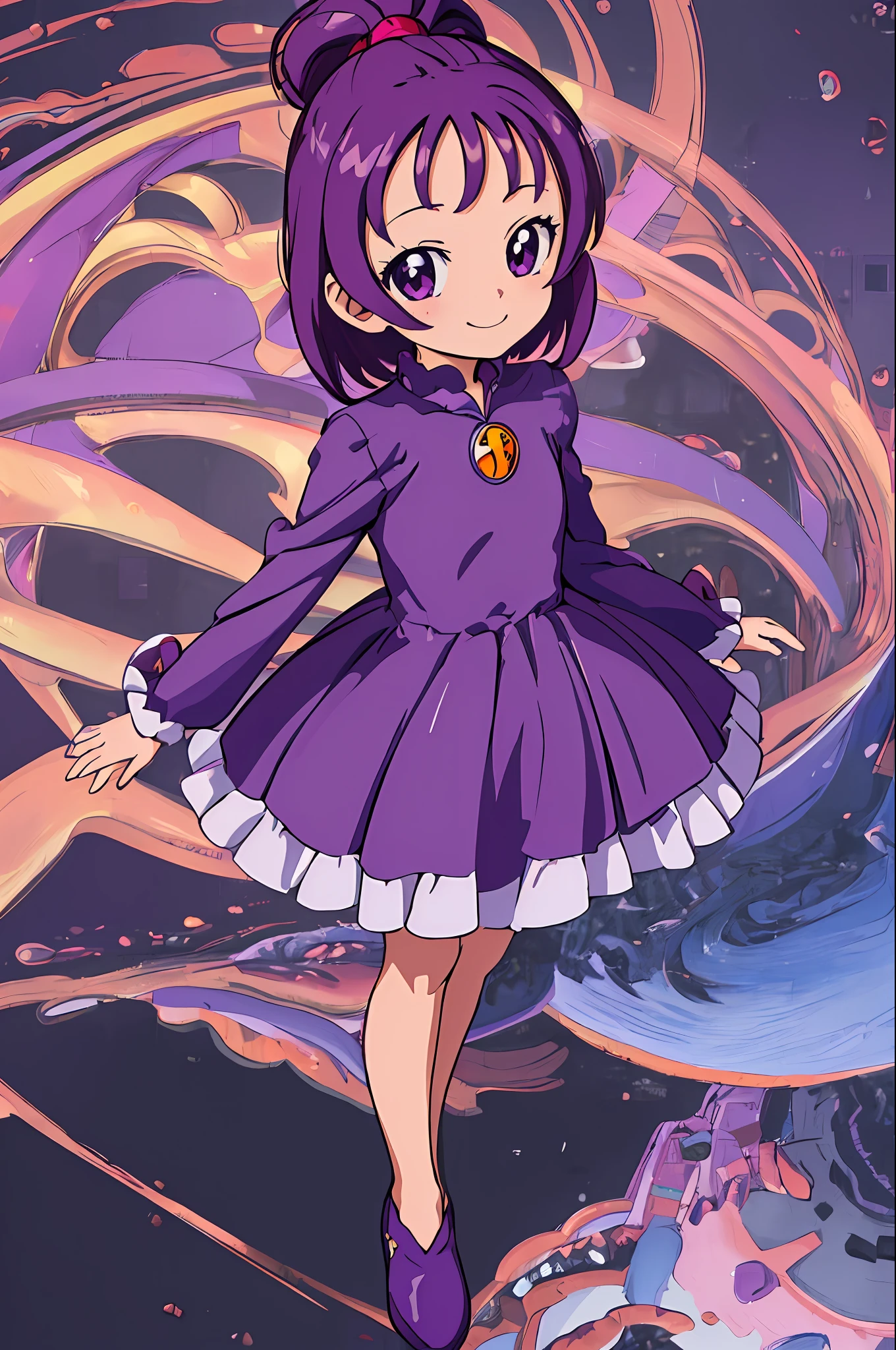 (masterpiece, best quality;1.3), extremely detailed picture, ultra detailed, segawa onpu, onpucos01, onpuwitch01, purple dress, smile, looking at viewer, from above, full body,