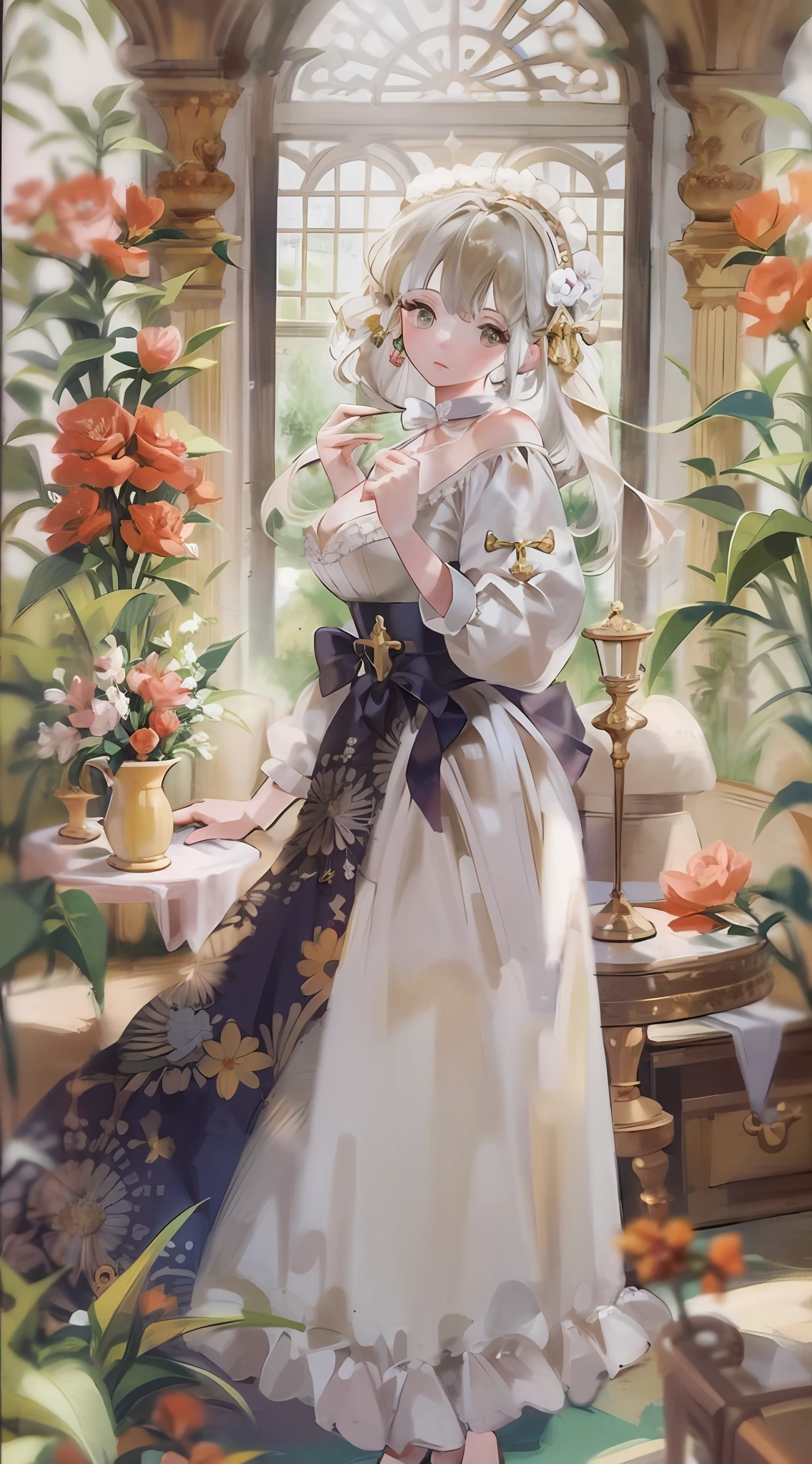 softlighting，soft focus，Hazy picture，Huge stained windows，The windows are transparent，1girll，Golden birdcage，Thorny vines，Red butterfly，mitts，（very intricate），Exquisite，Complex hairstyles，long  skirt，RococoStyle，Bow knot，Cross straps，Gorgeous dress，Large skirt，frilld，Love decoration，（Elegant vintage clothing design），rosette，whaite hair，long  white hair，The brightness of the picture is high，Low contrast，The overall feeling is like an oil painting，trpical garden，Close-up，Close-up Shot Shot，Holy，Holy