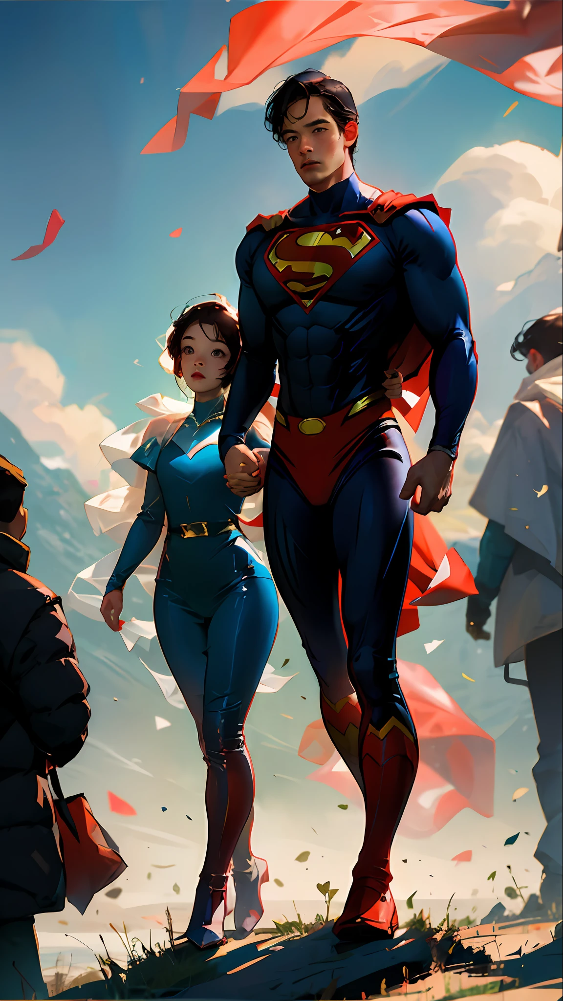 Superman dad and Superman daughter,Hand in hand,Superman dad looks at his daughter,The daughter looked ahead,Both dad and daughter are easterners,All dressed in Superman-style clothes