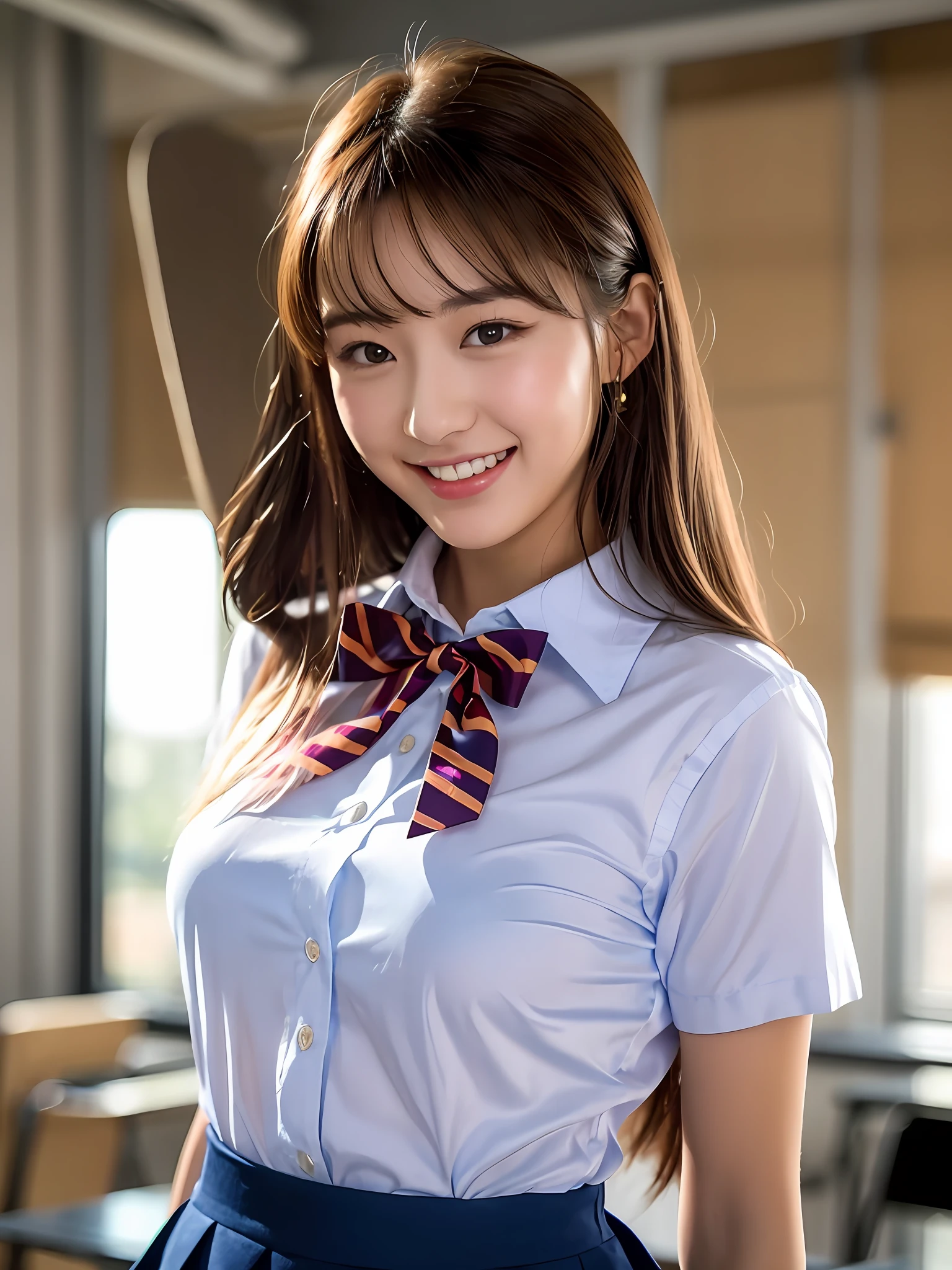 product quality, 1girl, upper body shot, directly front view, a Japanese young pretty woman, hyper pretty face, 18 years old, standing with a big smile in a high school classroom, wearing a short sleeves silky white collared shirt with shiny satin red plain bow tie, wearing a dark blue pleated long skirt, glossy lips, double eyelids in both eyes, natural makeup, long eyelashes, shiny smooth light brown hair of medium length, asymmetrical bangs, tanned skin, wearing a dark blue pleated skirt, head in the frame, central image, 8K resolution, high detail, detailed hairstyle, detailed face, spectacular cinematic lighting, octane rendering, vibrant, hyper realistic, perfect limbs, perfect anatomy