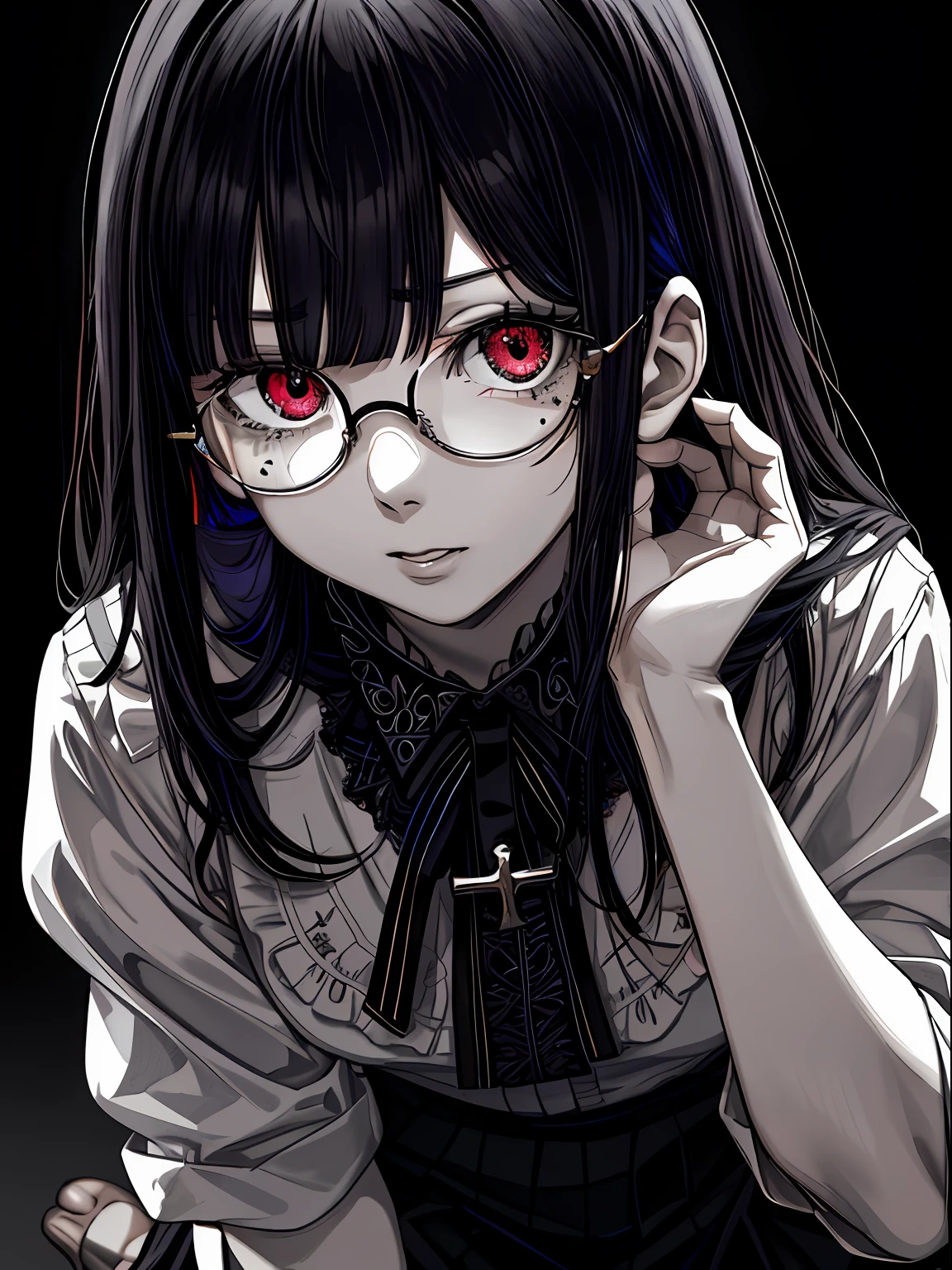Troubled face、be bothered、droolng。Photorealsitic, hight resolution, 1 rapariga, Korea person, Heterochromia eyes, small moles under eyes,odd eye、Cross-eyed、Stranger、View other people、Blunt bangs、Sitting,hand between legs,The shirt, pleatedskirt、Glasses, over-kneehighs,Ahegao , Silly,Sexual ecstasy,Drunken eyes,Blunt bangs, Black hair,(masutepiece:1.2, Best Quality), (finely detailed beautiful eye: 1.2), (Detailed background,Dark Fantasy), (beautifull detailed face), High contrast, (Best Illumination, extremely delicate and beautiful), ((Cinematic Light)), Colorful, Hyper Detail, Dramatic light, Intricate details,