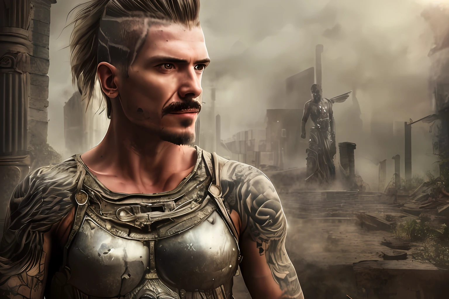 RAW photo, photography, photorealistic, Bold RAW photo of a man in ancient armor, igppv01, on a city ruins. he has an intense look, detailed skin, (with highly detailed tattoos:1.1), finely eyes. The shot is taken on a professional camera with a shallow depth of field, creating a natural and raw feel. The lighting is soft and adds to the mysterious atmosphere of the scene. The image is highly detailed, cinematic. Ultra detailed face and eyes