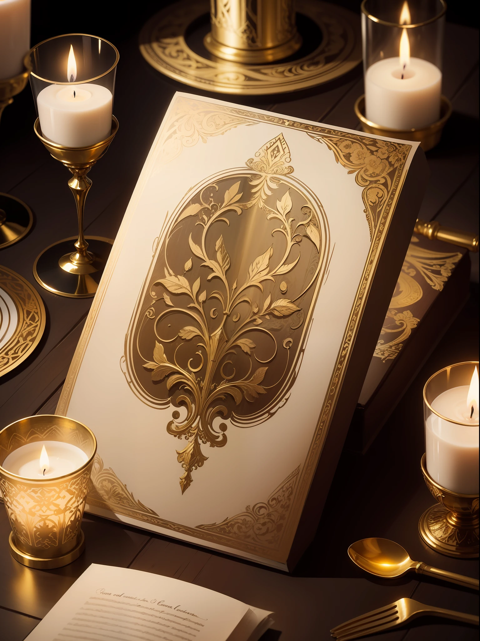 Concentrated hands working on a scroll, Gothic lettering meticulously drawn with gold ink, um candelabro antigo iluminando a cena com um brilho quente, an aura of tradition and care, illustration, Medieval artistic style