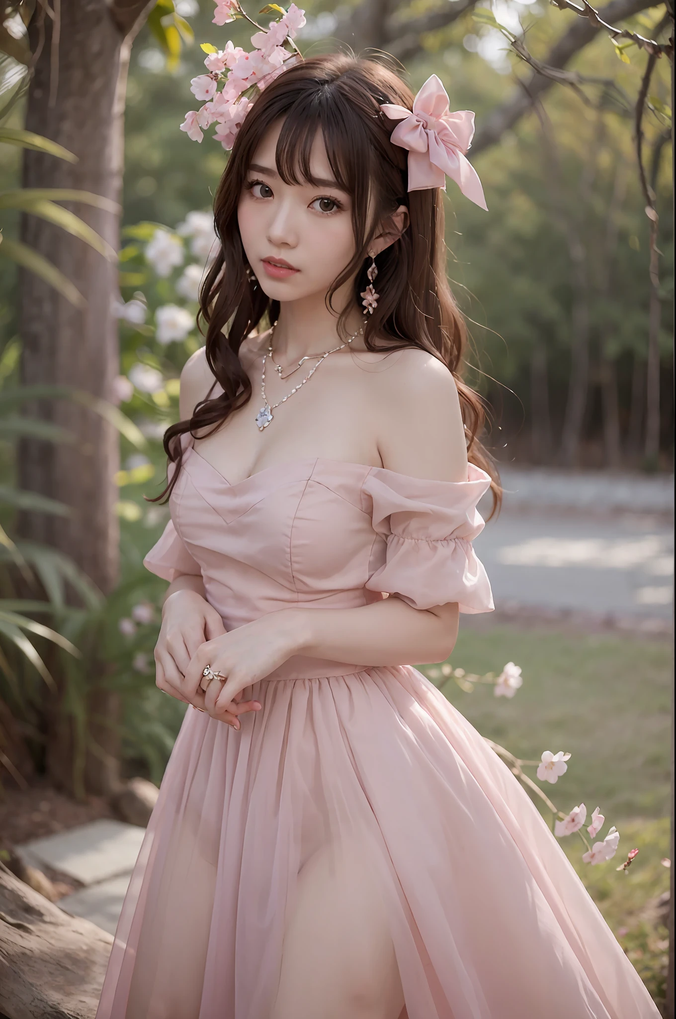 ((Realistic lighting, of the highest quality, 8K, masutepiece: 1.3)), Clear focus: 1.2, 1womanl, Perfect beauty: 1.4, Yushuxin, 1girl in, Dress, Solo, brunette, Jewelry, Long hair, earrings, Bow, Pink dress, Wood, Nature, plein air, Bare shoulder, Airless Gainsboro, long-one-piece dress, Hair Bow, forest, pink bows,Strapless, Standing, Necklace, Head tilt, Chapped lips, Wavy Hair, straplessdress,Lace sleeves, cetin dress,a close up of a woman in a pink dress posing for a picture, Beautiful maiden, Anime girl cosplay, Beautiful Korean Woman, Beautiful princess, Cute elegant pose, Belle Delphine, wearing pink dress, Beautiful fantasy maiden, Anime princess, Beautiful seductive anime woman,Beautiful Asian Girl, charming anime girls, Elegant Glamorous Cosplay,take a front,in cherry blossom park,