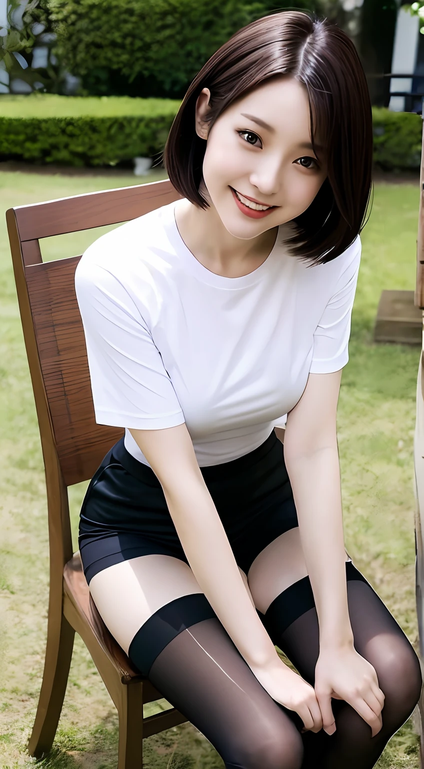 Tight T-shirt、shortpants、Black stockings、beauty legs、A slender、Women in Japan、A smile、high-level image quality、a park、short-hair、23years old、Big eyes、Kamimei、Sitting on a chair and putting on stockings、Take off your stockings、Leaning forward to emphasize the chest