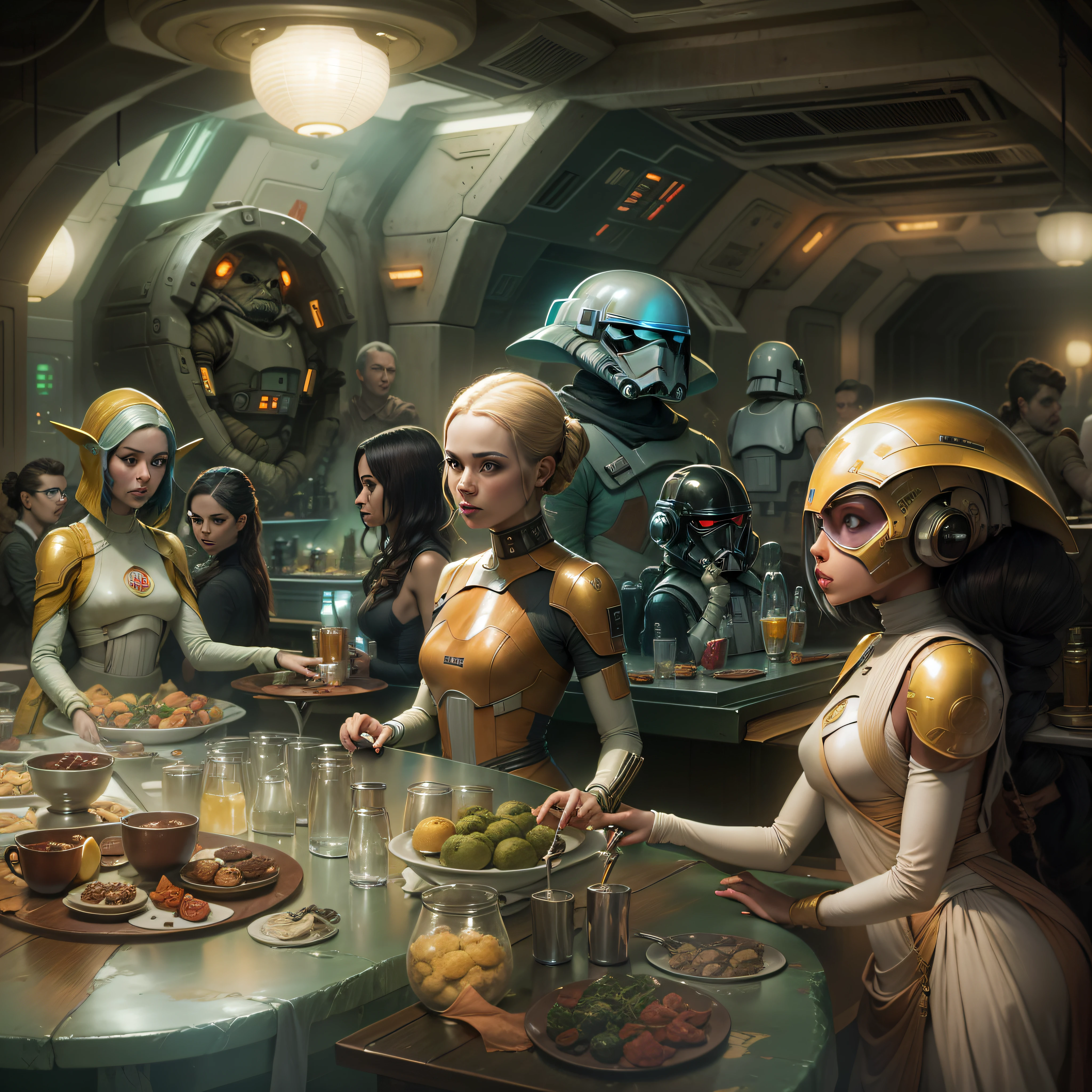 mujeres extraterrestres alienigenas al estilo star wars, se encuentran en una cantina ultramoderna de la ciudad de coruscant.