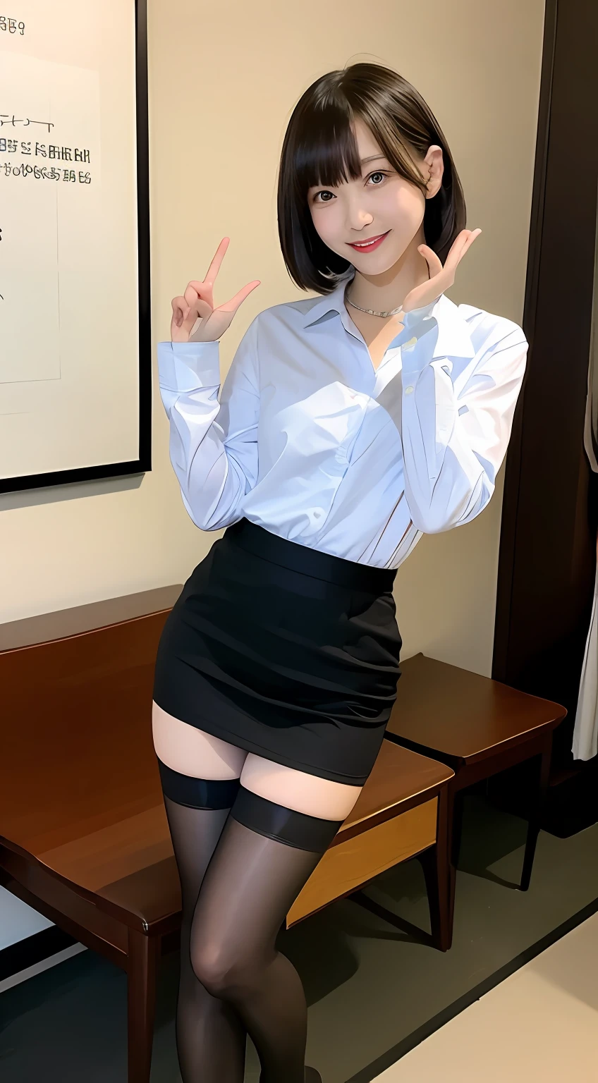 The shirt、a miniskirt、Black stockings、beauty legs、A slender、Women in Japan、A smile、high-level image quality、s Office、short-hair、23years old、Big eyes、Kamimei、The gesture of sitting on a chair and putting on stockings