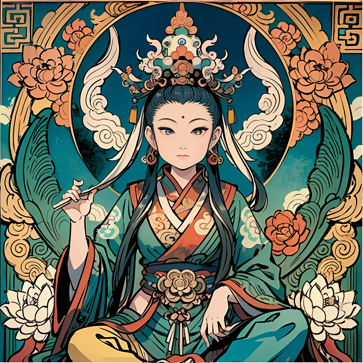 an ancient Chinese goddess, guanyin of the southern seas, Guanyin, Inspired by India, Avalokiteshvara rides a dragon，,Serene expression,shui mo hua,Buddha,Buddhist,Lotus,Chinese painting style,Thangka style