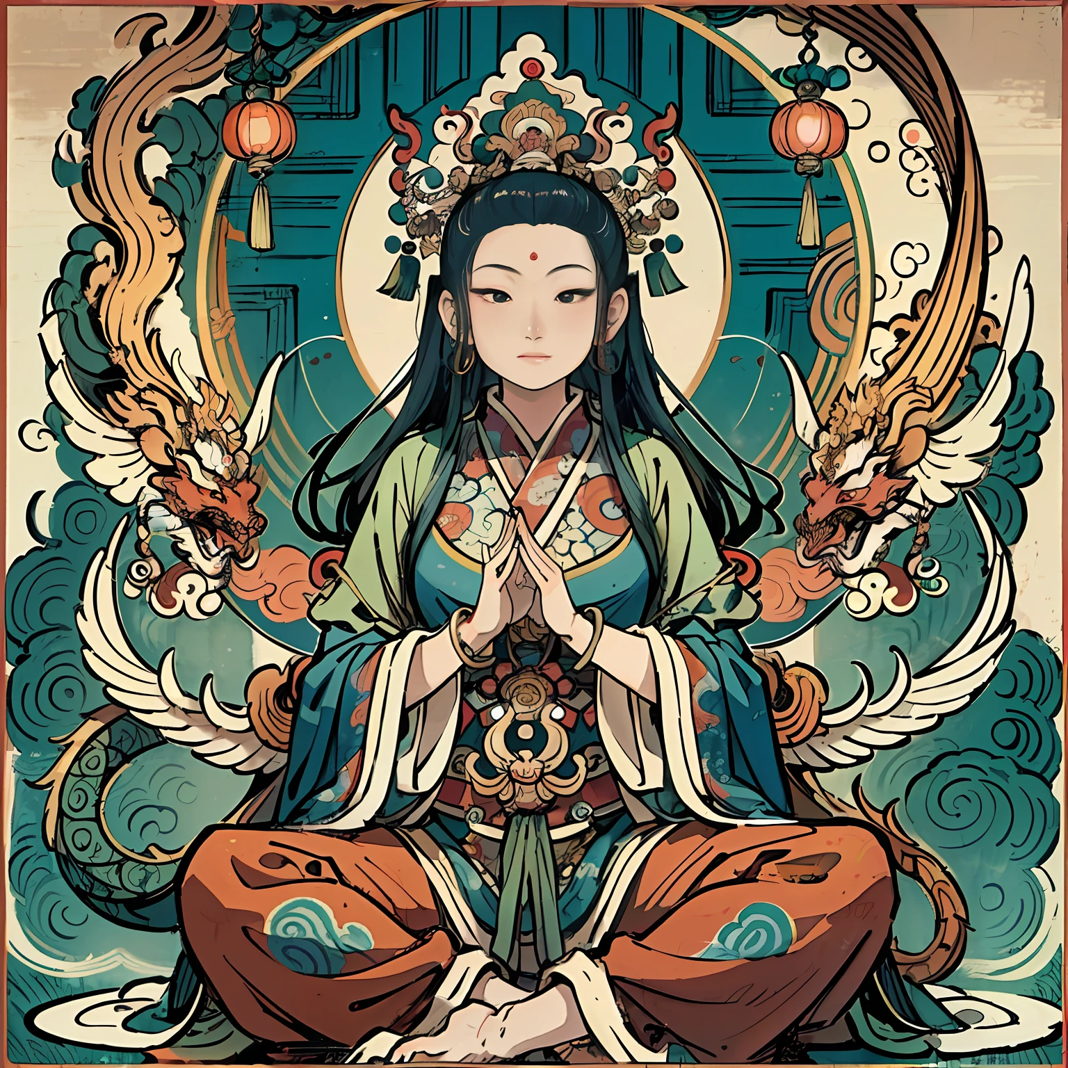 an ancient Chinese goddess, guanyin of the southern seas, Guanyin, Inspired by India, Avalokiteshvara rides a dragon，,Serene expression,shui mo hua,Buddha,Buddhist,Lotus,Chinese painting style,Thangka style