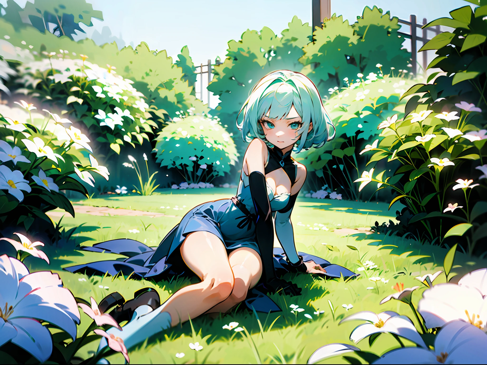 anime girl with white hair, wearing blue dress , anime moe artstyle, full body seductive anime girl, sittinng on garden, white and green flowers, cute anime 8 k, , (anime girl), zerochan art, 1girl, h, high res, ultrasharp, 8k, masterpiece, perfect body, perfect face, cute face,