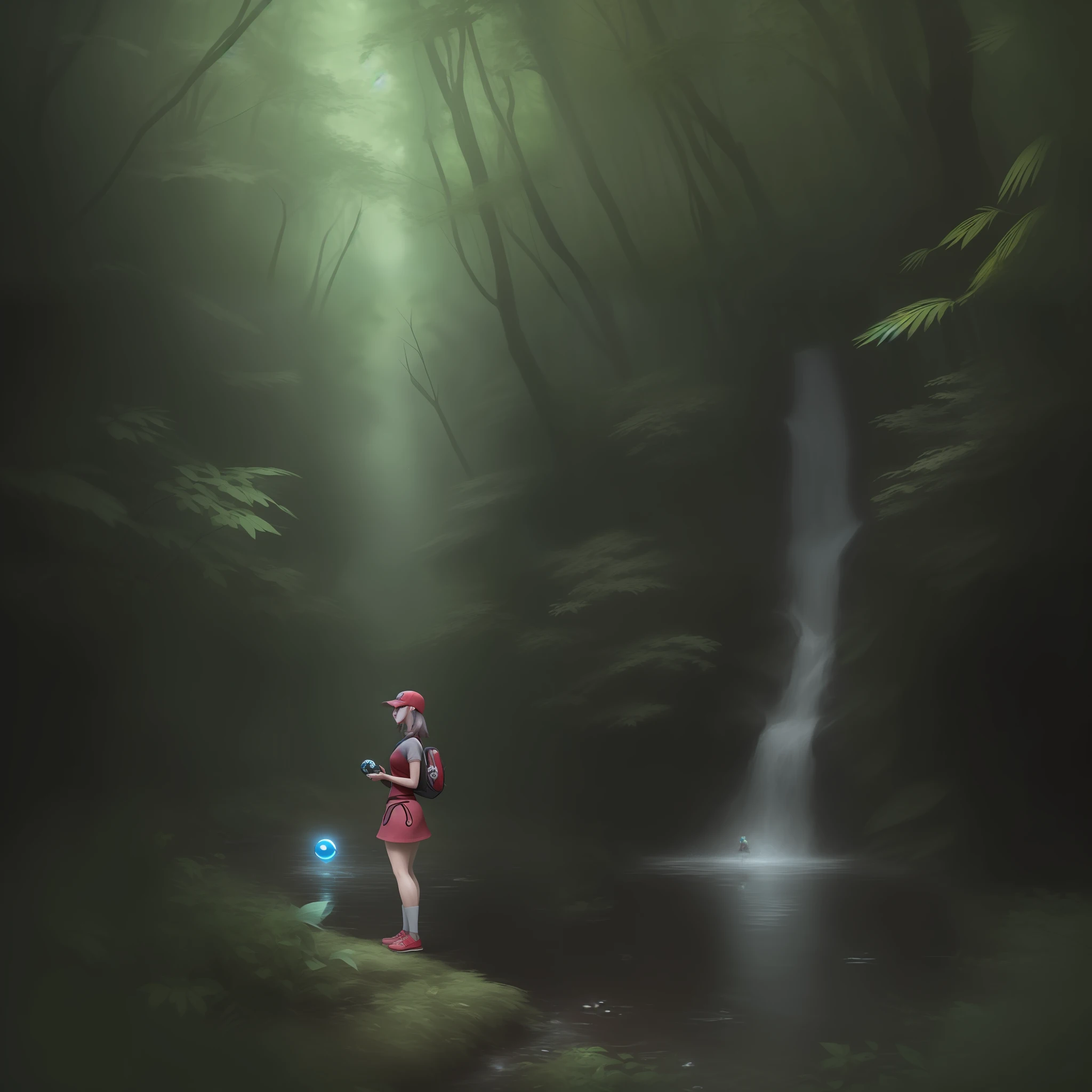 Stunning high-quality image about a beutiful pokémon trainer woman in a forest searching for pokémons with pokéball in her hand, a water pokémon in next to her. Hyper detailed, hyper resolution, hyper realistic, masterpiece