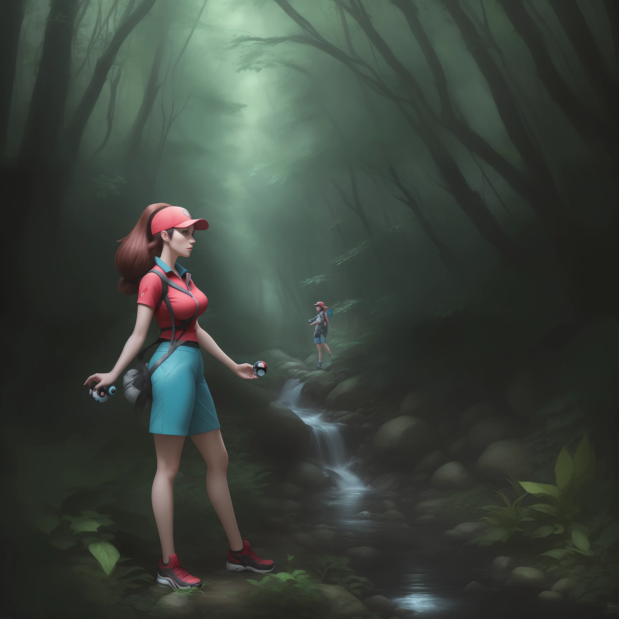 Stunning high-quality image about a beutiful pokémon trainer woman in a forest searching for pokémons with pokéball in her hand, a water pokémon in next to her. Hyper detailed, hyper resolution, hyper realistic, masterpiece