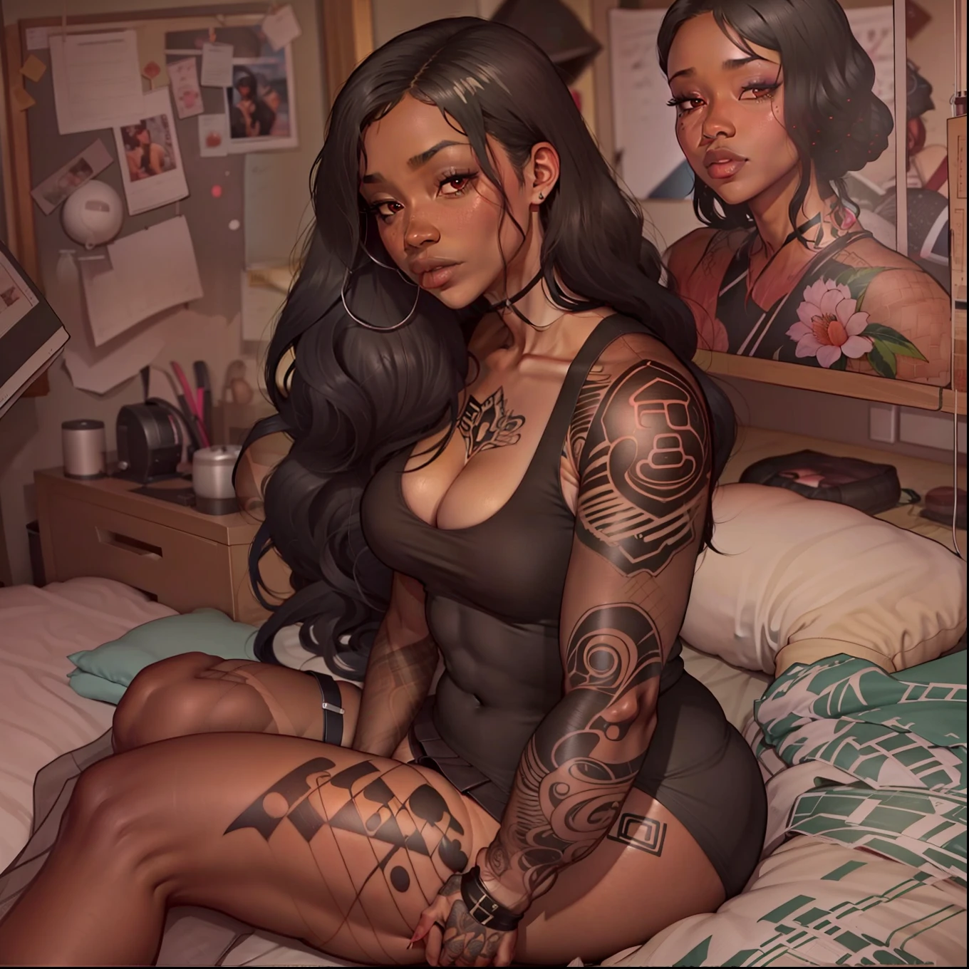 dark skinned female with long black hair, wearing fishnets, wearing mesh sleeveless top, wearing black mini skirt, in bedroom, covered in japanese tattoos, thicc