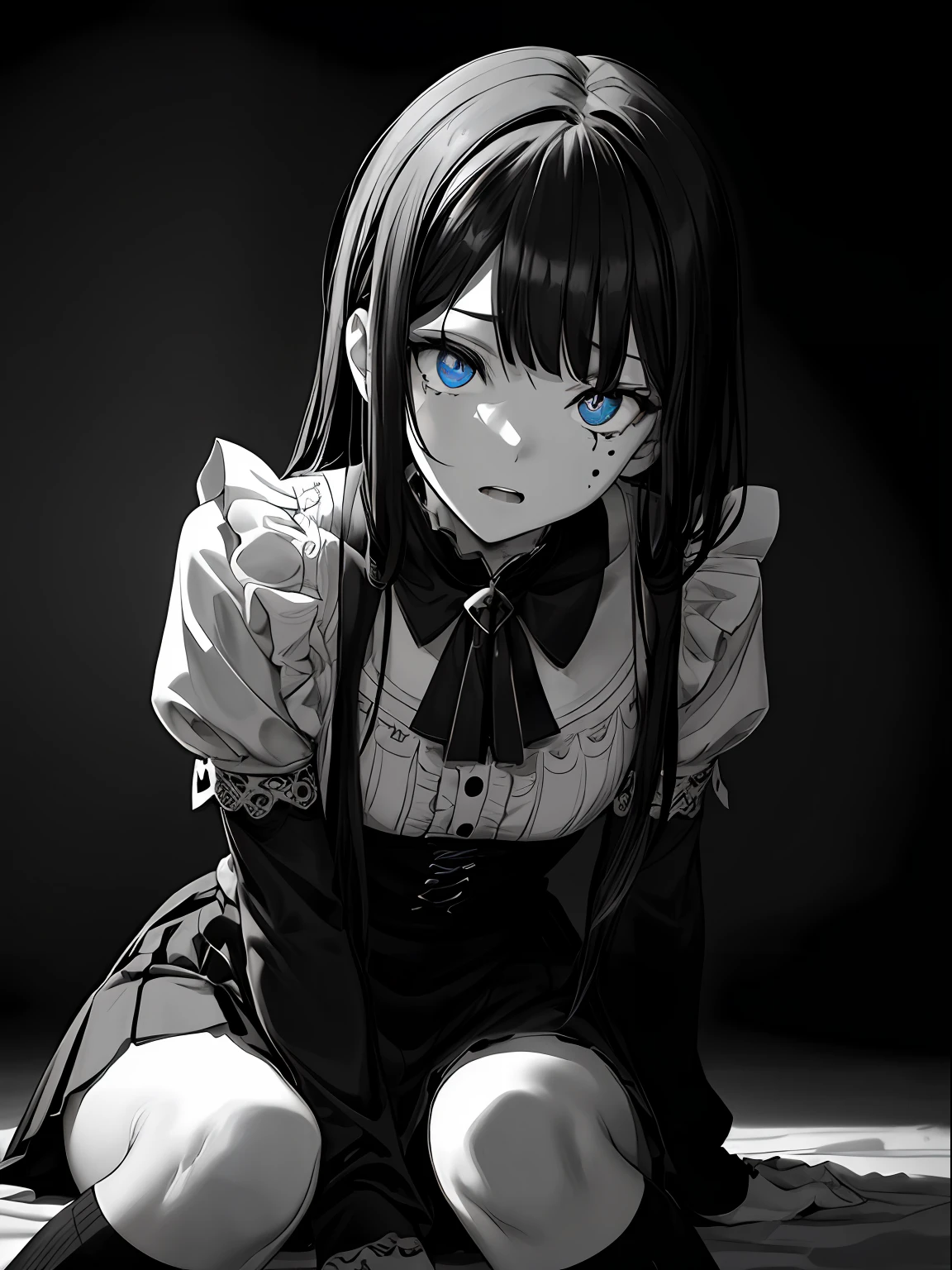 Troubled face、be bothered、droolng。Photorealsitic, hight resolution, 1 rapariga, Korea person, small moles under eyes、Cross-eyed、Stranger、View other people、Blunt bangs、Sitting,hand between legs,The shirt, pleatedskirt、over-kneehighs,Ahegao , Silly,Sexual ecstasy,Drunken eyes,Blunt bangs, Black hair,(masutepiece:1.2, Best Quality), (finely detailed beautiful eye: 1.2), (Detailed background,Dark Fantasy), (beautifull detailed face), High contrast, (Best Illumination, extremely delicate and beautiful), ((Cinematic Light)), Colorful, Hyper Detail, Dramatic light, Intricate details,maid