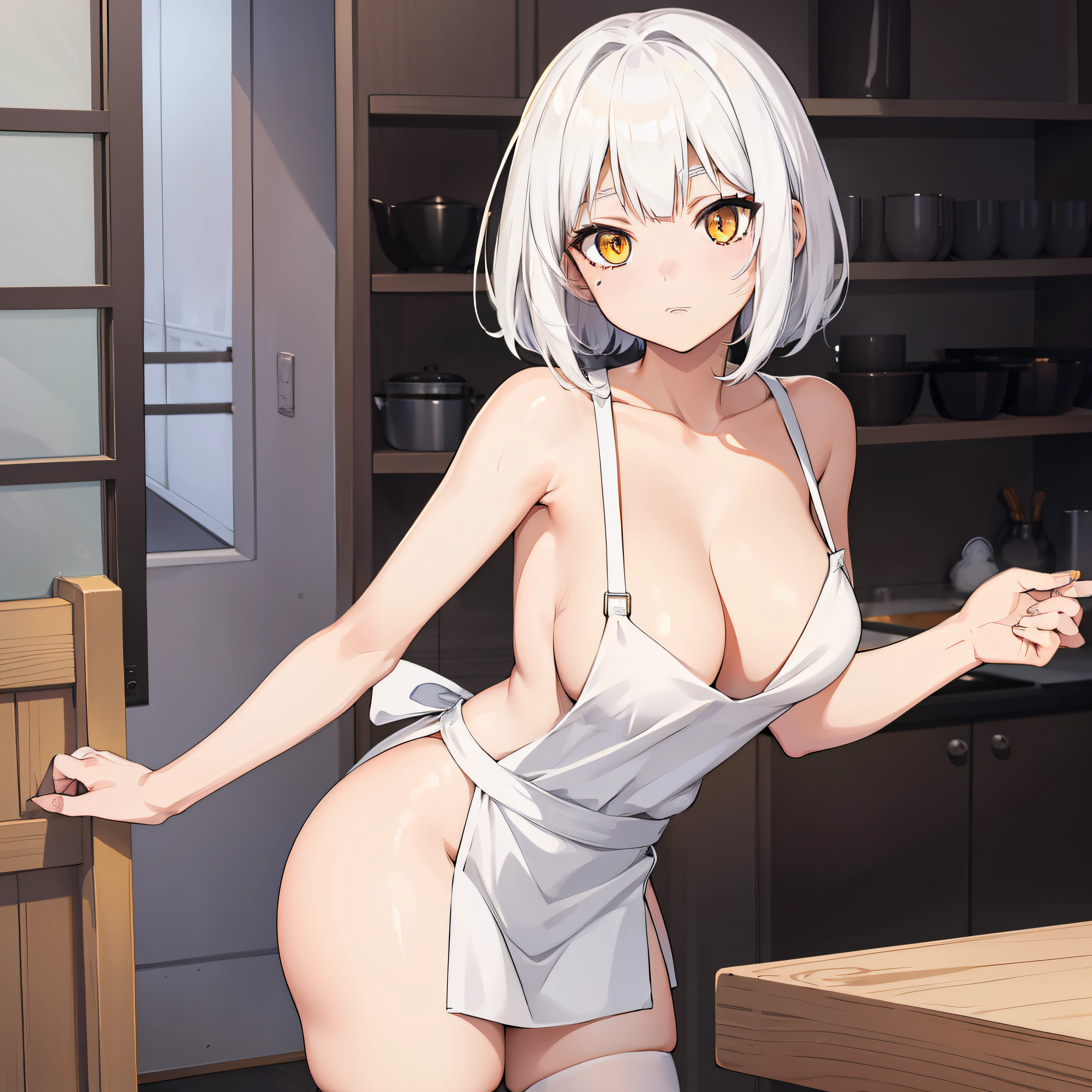 Anime girl, white hair, apron, yellow eyes