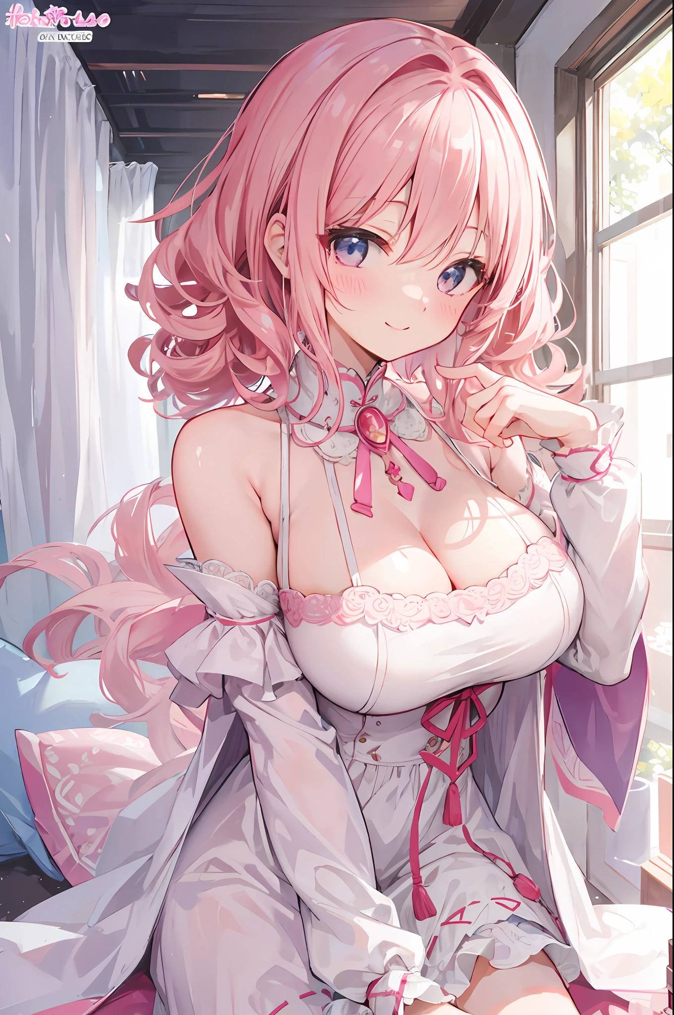 Best Quality, 4K, masutepiece :1.3), short petite pretty woman, Light pink hair、Curly hair、length hair、kawaii pose、A smile、Colossal tits、 Ultra-detailed face、Naked dress、hide one eye、Detailed eyes, sluttish, Pose Seductive, Smooth skin, (huge-breasted), Round breasts、red blush。