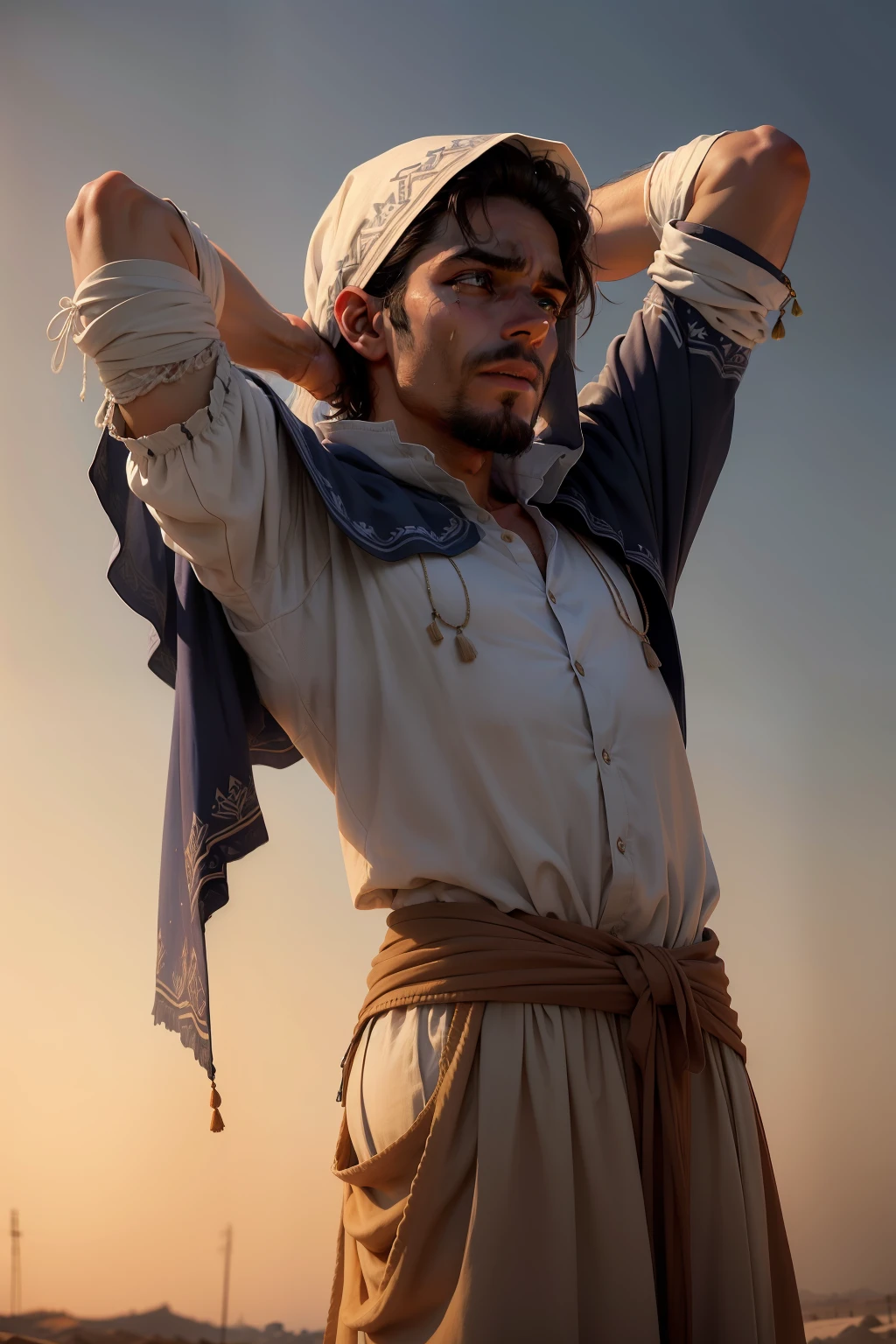 /imagem prompt (alta resolução, fotorrealista, melhor qualidade) A sad man of Bedouin origin, aparentando seus cinquenta anos, com suas vestes outrora nobre, rasgadas e sujas. He stretches out his arms toward heaven and cries out to the Lord his God