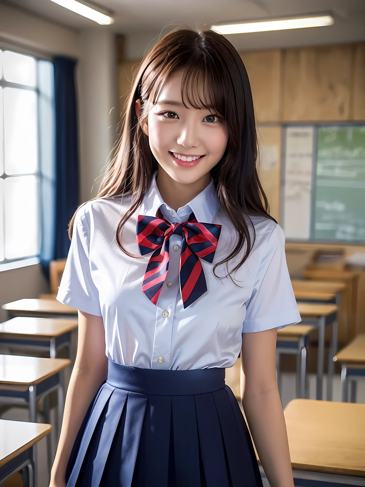 product quality, 1girl, upper body shot, directly front view, a Japanese young pretty woman, hyper pretty face, 18 years old, standing with a big smile in a high school classroom, wearing a short sleeves silky white collared shirt with shiny satin red plain bow tie, wearing a dark blue pleated long skirt, glossy lips, double eyelids in both eyes, natural makeup, long eyelashes, shiny smooth light brown hair of medium length, asymmetrical bangs, tanned skin, wearing a dark blue pleated skirt, central image, 8K resolution, high detail, detailed hairstyle, detailed face, spectacular cinematic lighting, octane rendering, vibrant, hyper realistic, perfect limbs, perfect anatomy