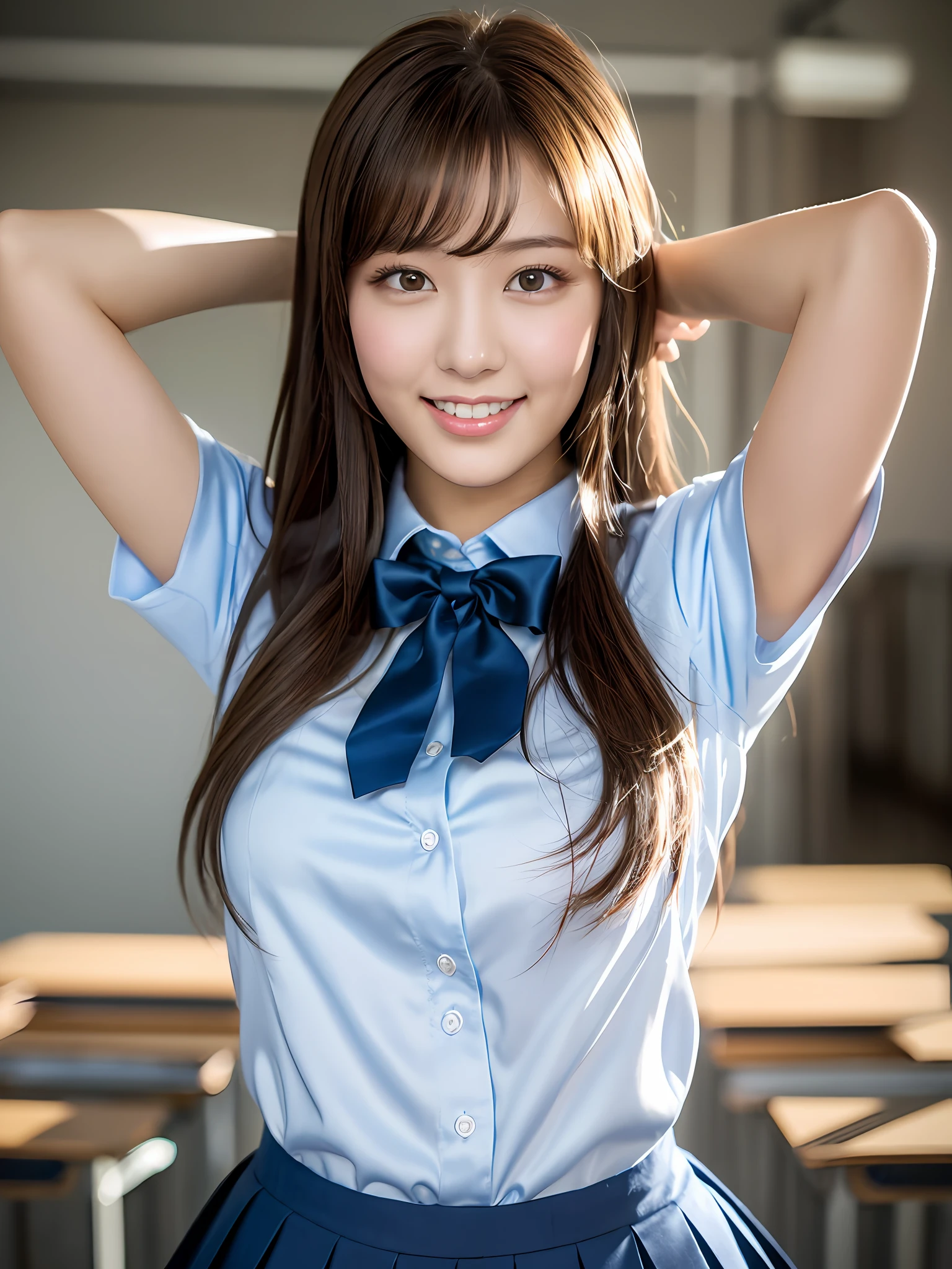 product quality, 1girl, upper body shot, directly front view, a Japanese young pretty woman, hyper pretty face, 18 years old, standing with a big smile in a high school classroom, wearing a short sleeves silky white collared shirt with shiny satin red plain bow tie, wearing a dark blue pleated long skirt, glossy lips, double eyelids in both eyes, natural makeup, long eyelashes, shiny smooth light brown hair of medium length, asymmetrical bangs, tanned skin, wearing a dark blue pleated skirt, central image, 8K resolution, high detail, detailed hairstyle, detailed face, spectacular cinematic lighting, octane rendering, vibrant, hyper realistic, perfect limbs, perfect anatomy
