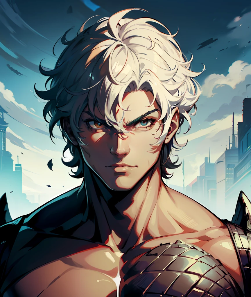 Generate an upper body portrait of an anime-style character that combines the features of a muscle man and an crocodile. The character has white crocodile-like scales scattered across his skin, face and body. Despite the crocodile's characteristics, make sure its humanoid aspects remain prominent. The character's design should reflect the distinctive characteristics of a crocodile, but maintain a balance with its human side. Add a large amount of white crocodile scales. Add a black T-shirt covering the back. Add Negroid features to the face, such as a broad nose, wide mouth, and curly hair, brown skin.