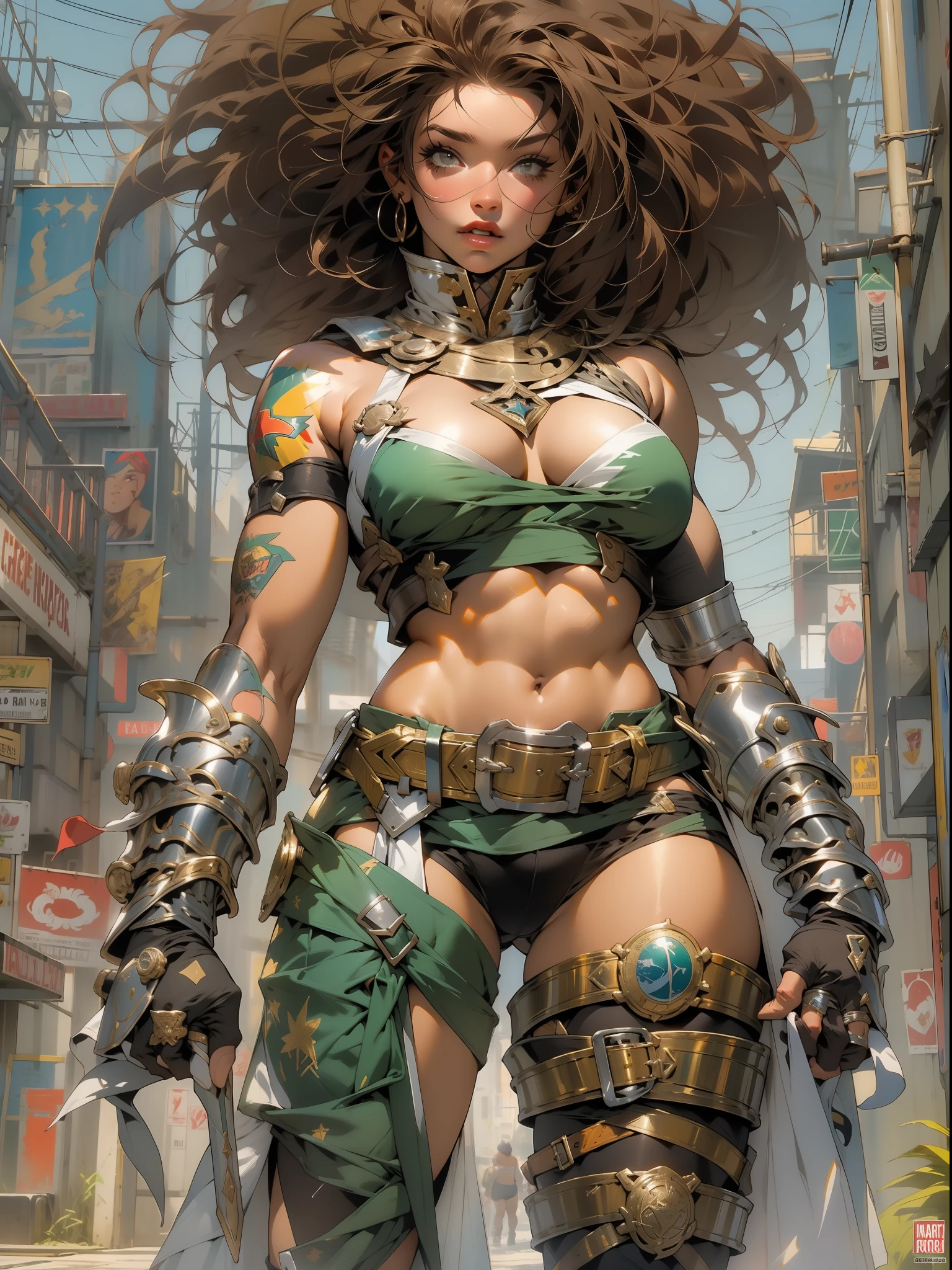 (((mulher))), (((melhor qualidade))), (((obra prima))), (((adulta))), Uma guerreira mulher de 35 anos com corpo perfeito, Brooklyn Gladiators, hand with steel gloves and metal tips, (( under boobs )), quase nua no estilo selvagem urbano de Simon Bisley para a capa da revista 2000 A.D., cabelo loiro, Minimum clothing, armadura (roupa feita com a bandeira do 🇧🇷 ), cheio de pontas e rebites manchadas de tinta, tatuagem de estrelas de 5 pontas, (((corpo inteiro))), cabelo preto curto com franja branca cobrindo a testa