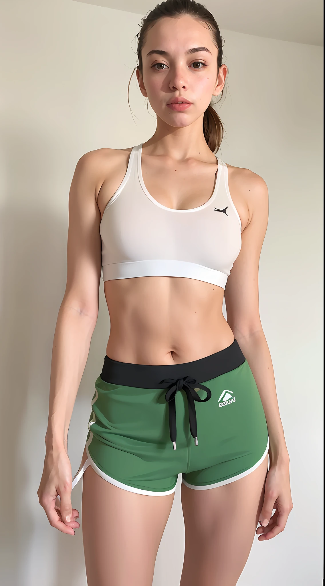 Beautiful Arrogant woman in a white sports bra top and green shorts holding two dumbbles, sport bra and shorts, brassier, Esporte bom, sport bra and shirt, sports bra, white bra, detailed sports bra, mulher em forma, bra and shorts streetwear, em forma, sport bra and dark blue shorts, foto fit, sporty physique, roupas esportivas, forma tonificada