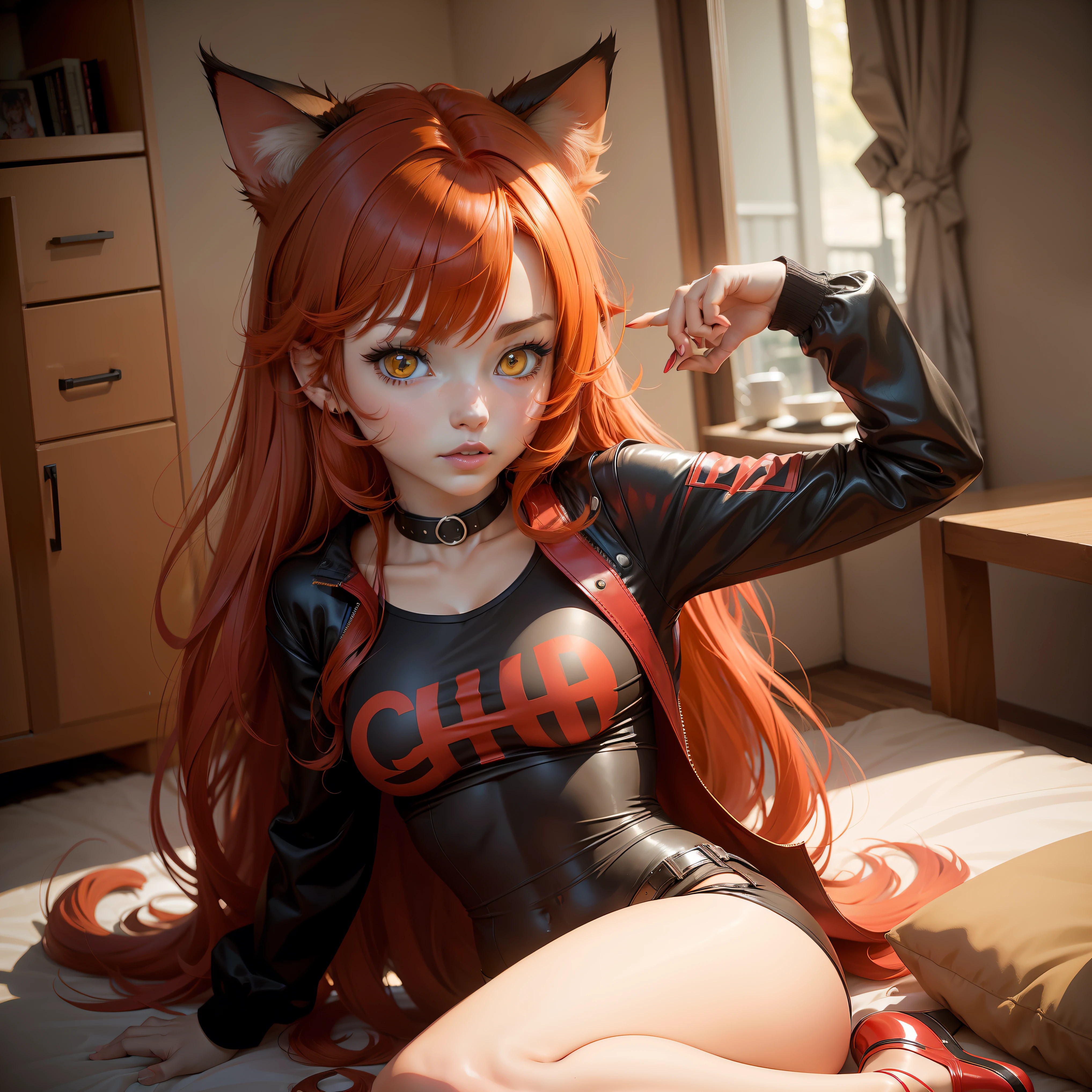 A cat girl with a petite frame. Red hair, red cat ears, red cat tail. Golden eyes. In the style of anime
