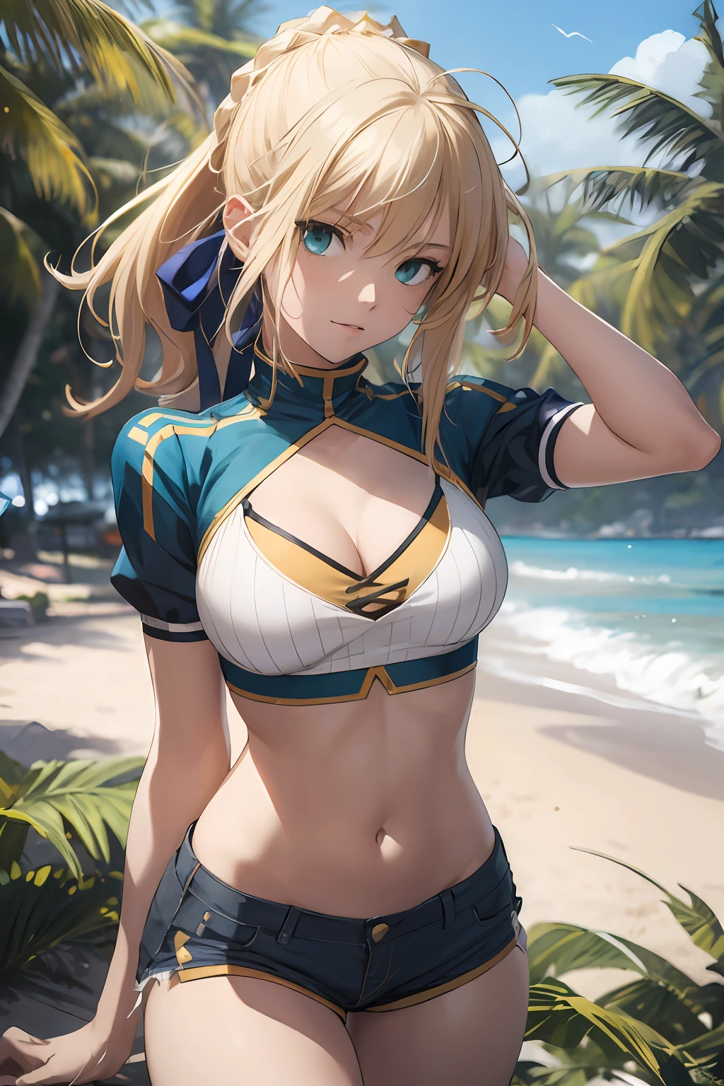 (masterpiece:1.4), (best quality:1.4), realistic, 1girl, artoria pendragon \(fate\) , short shorts, white shirt,  beach, cleavage,crop top