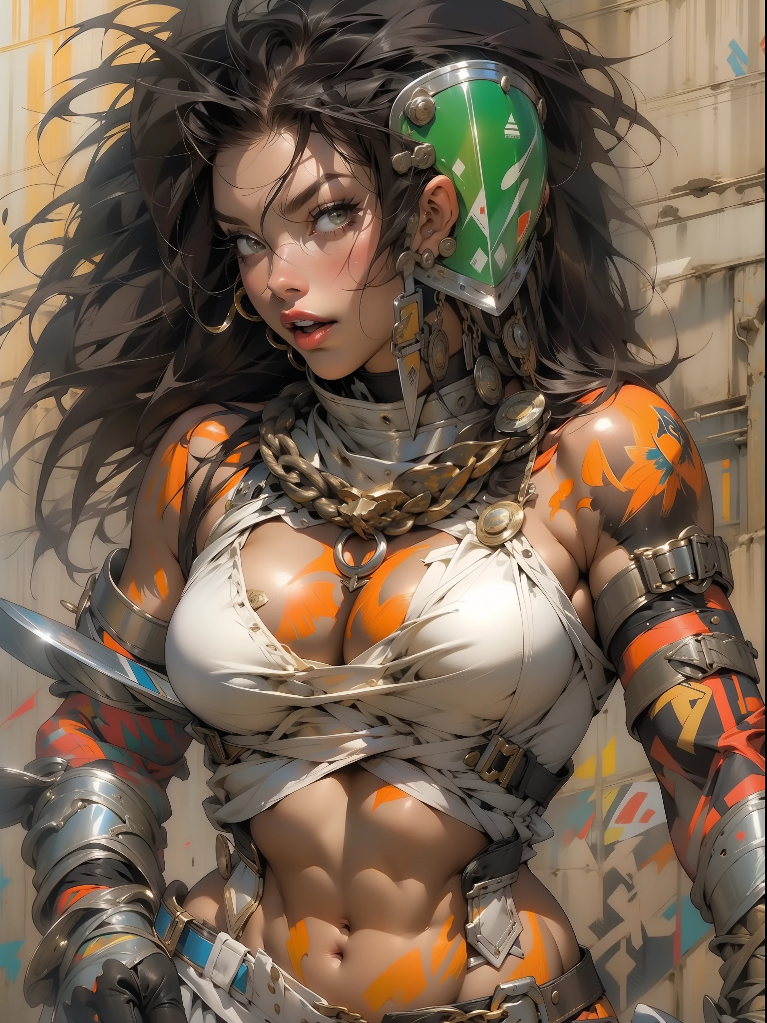 (((mulher))), (((melhor qualidade))), (((obra prima))), (((adulta))), Uma guerreira mulher de 35 anos com corpo perfeito, Brooklyn Gladiators, hand with steel gloves and metal tips, (( under boobs )), quase nua no estilo selvagem urbano de Simon Bisley para a capa da revista 2000 A.D., cabelo loiro, Minimum clothing, armadura (roupa feita com a bandeira do 🇧🇷 ), cheio de pontas e rebites manchadas de tinta, tatuagem de estrelas de 5 pontas, (((corpo inteiro))), cabelo preto curto com franja branca cobrindo a testa