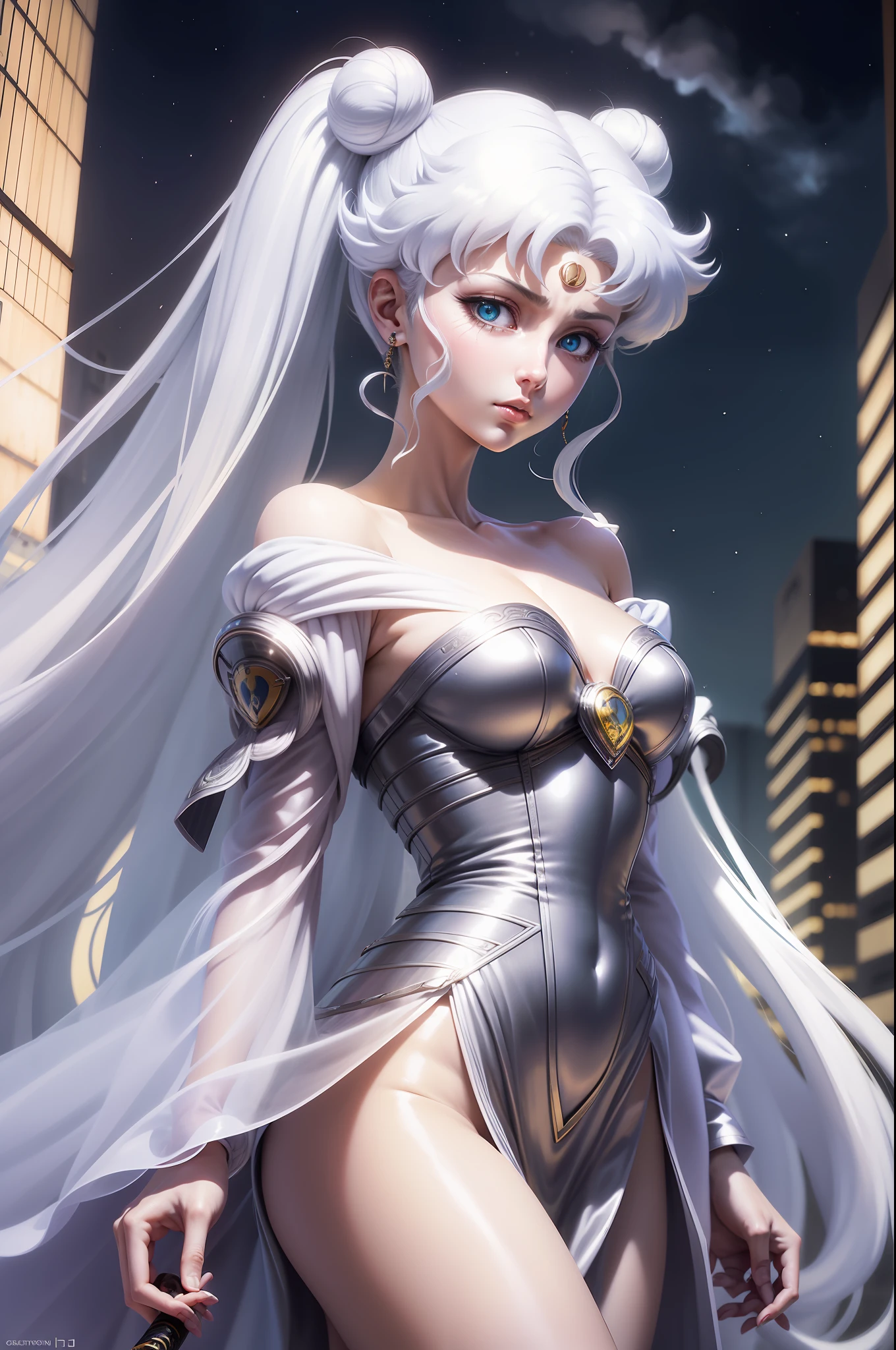 White sailor moon girl with katana, white hair, Long white hair, gray hairs, Two bundles on the head, Odango hairstyle, pale skin, Cyan eyes ,Lamborghini against the backdrop of a Japanese night city