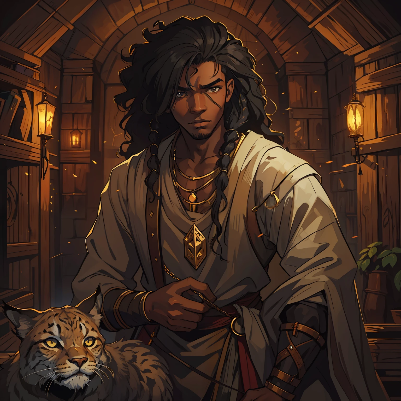a young black man he has a determined look and long voluminous hair curly hair beautiful curly hair featured in this image a true African art extolling black beauty this man is beautiful and also has the essence of a lynx create lynx ears in this man as a hybrid between lynx and beast leave the lynx essence in the image also depicting the connection of the animal with man an illustration for an RPG, uma arte medieval, He's in a dark wooden room with little light, iluminada por tochas, luz baixa, Exotic warm colors in a mysterious and sexy theme, uma arte de bardo medieval, RPG, Arte de RPG, Arte medieval, arte de RPG medieval, uma arte expressiva, arte conceitual