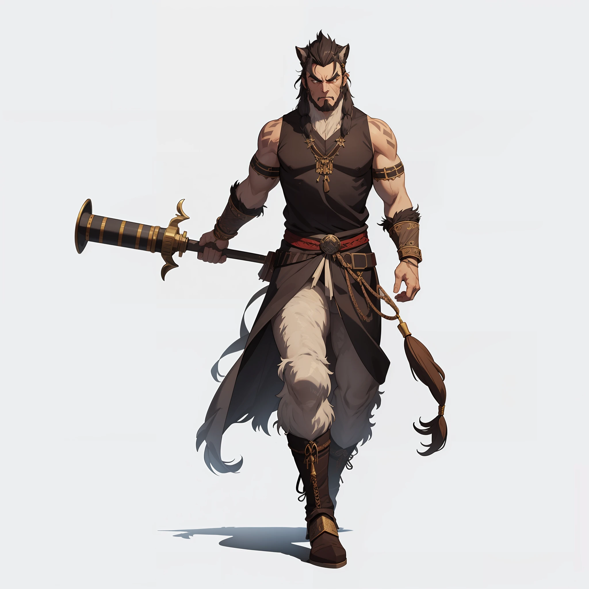 Appearance:
His skin has a reddish-purple hue, a testament to his unique evolution.
Facial features mimic that of a great ape, with a broad nose, pronounced brow ridge, and a sturdy jawline.
Despite his humanoid posture, his arms are elongated, hinting at his simian lineage. One of these arms, in particular, is abnormally developed and is noticeably thicker, symbolizing unparalleled power.
A rugged horn grows from one side of his head, symbolic of his status. Alongside, tufts of coarse dark hair sprout, reminiscent of a silverback gorilla's mane.
His golden eyes, characterized by vertically slit pupils, grant him the ability to see in the darkest of environments.
Attire:
A hybrid of Mongolian imperial attire and Native American clothing with hints of primal aesthetics. A feather-incorporated vest, a waist-wrapped cloth, and boots with lavish embroidery complement his tribal status.
Intricate embroidery on his attire tells tales of his countless victories and the history of his tribe.
Accessories:
Large gold and silver earrings, trophies from past battles, adorn both his ears.
His wrist is circled by a bone bracelet, believed to have been bestowed upon him by the shamans of his tribe, amplifying his spiritual power.
His knuckles are wrapped in leather strips, and he possesses claw-like nails, further amplifying the ape-like appearance.
Weaponry:
A massive iron mace, designed to harness the full power of his unique arm. The handle bears his family's crest, with the head of the mace carved into the likeness of a ferocious beast.