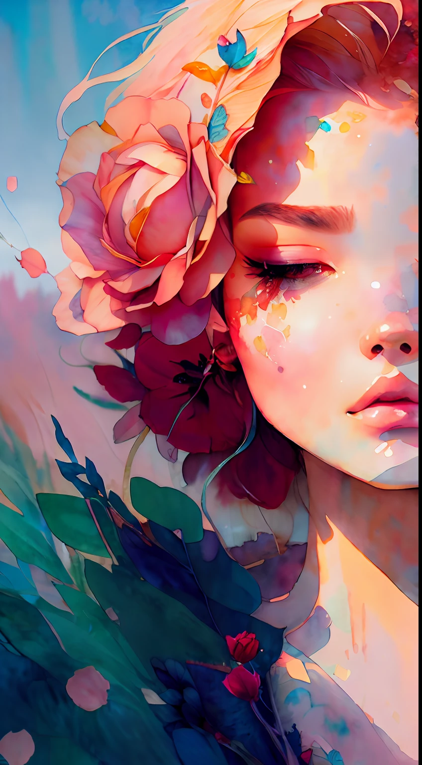 wtrcolor style, (rose) digital art, official art, blown by the wind, masterpiece, beautiful, ((watercolor)), paint splatter, intricate detail. Great detail, [dripping:0.7], Trending on Artstation, Rachel Walker