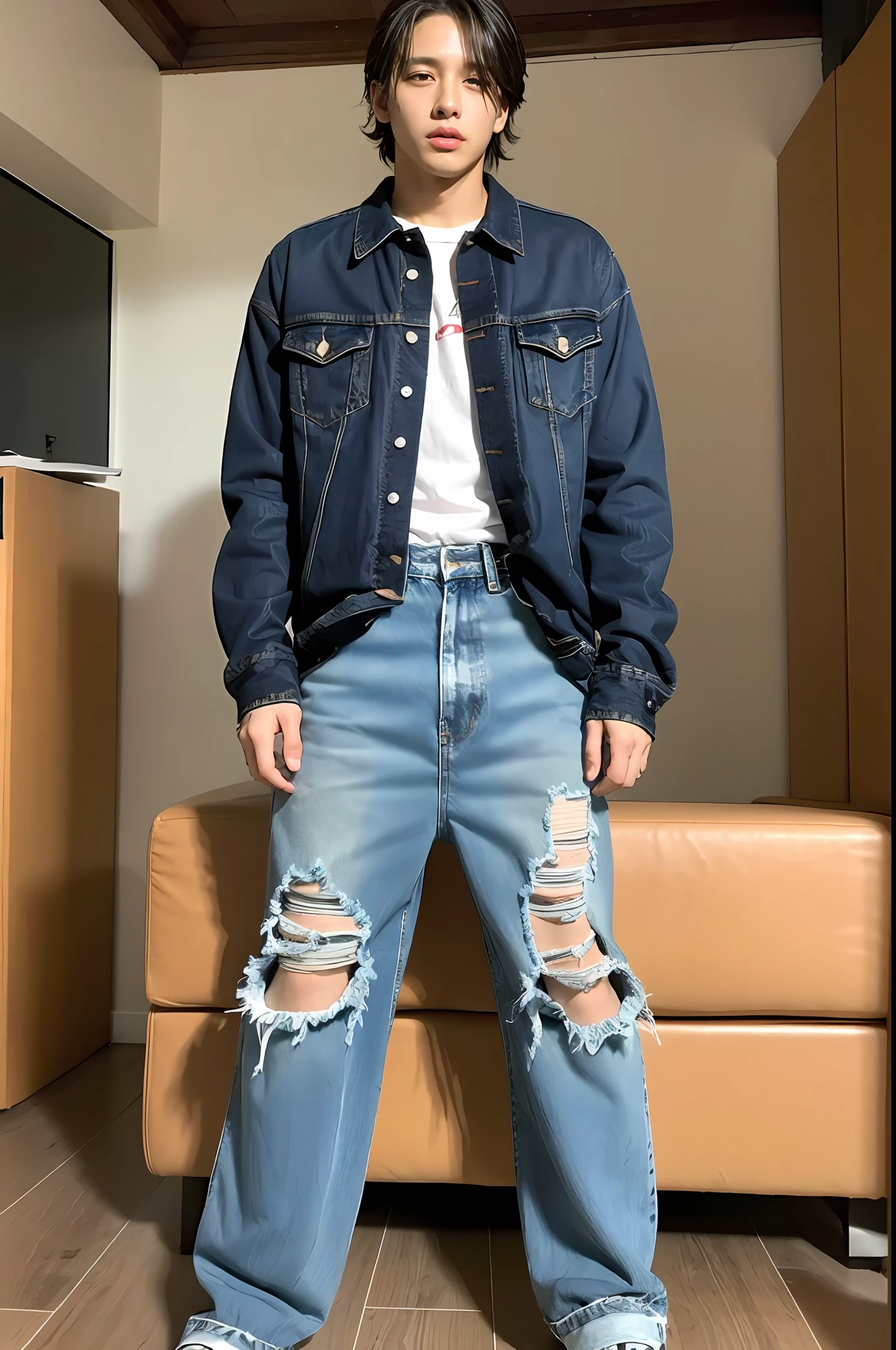 Um garoto coreano , wearing ripped jeans, Torn pants, (Jeans rasgada) (Torn pants), vestindo camisa preta, posing for photo shoot , corpo inteiro, fundo liso, jungkook, jungkook taeyang Jimim 1 boy, 1 homem, homem masculino coreano, homem masculino sozinho coreano sozinho, solo, sozinho