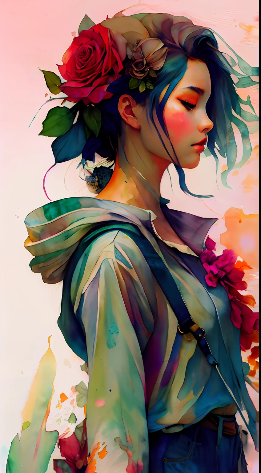 wtrcolor style, (rose) digital art, official art, blown by the wind, masterpiece, beautiful, ((watercolor)), paint splatter, intricate detail. Great detail, [dripping:0.7], Trending on Artstation, Rachel Walker