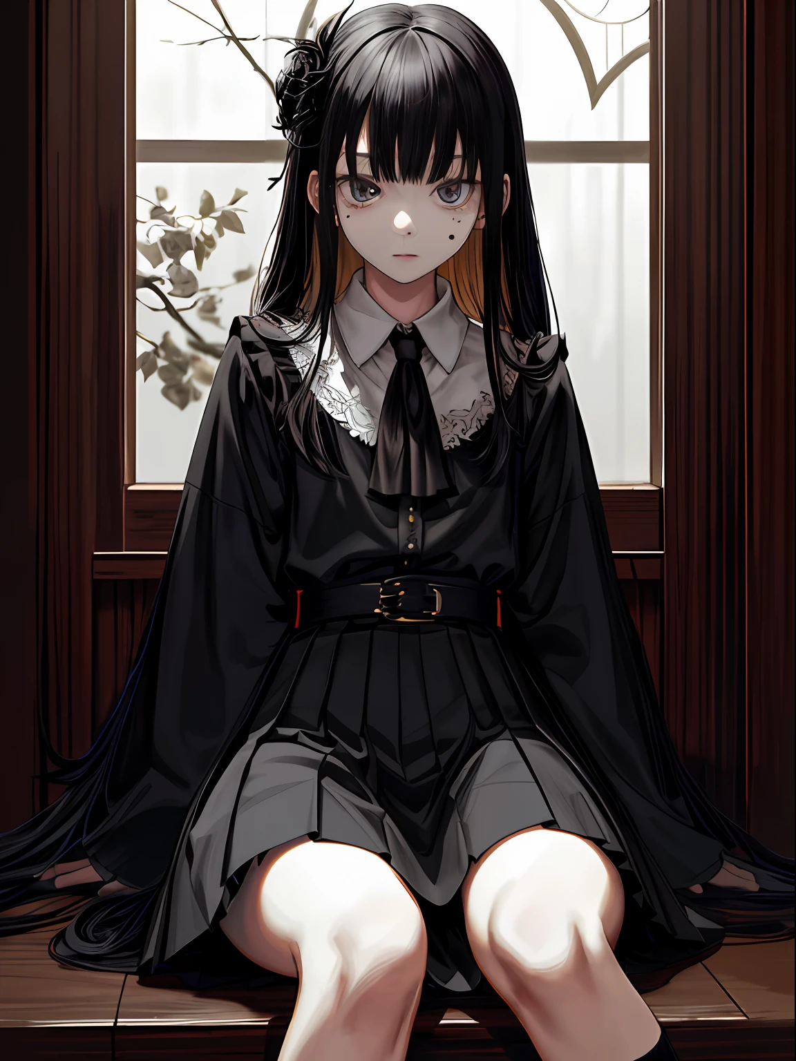 a blond、AHE Face、Troubled face、be bothered、droolng。Photorealsitic, hight resolution, 1 rapariga, Korea person, small moles under eyes、Cross-eyed、Stranger、View other people、Blunt bangs、Sitting,hand between legs,The shirt, pleatedskirt、over-kneehighs,Ahegao , Silly,Sexual ecstasy,Drunken eyes,Blunt bangs, Black hair,(masutepiece:1.2, Best Quality), (finely detailed beautiful eye: 1.2), (Detailed background,Dark Fantasy), (beautifull detailed face), High contrast, (Best Illumination, extremely delicate and beautiful), ((Cinematic Light)), Colorful, Hyper Detail, Dramatic light, Intricate details,maid