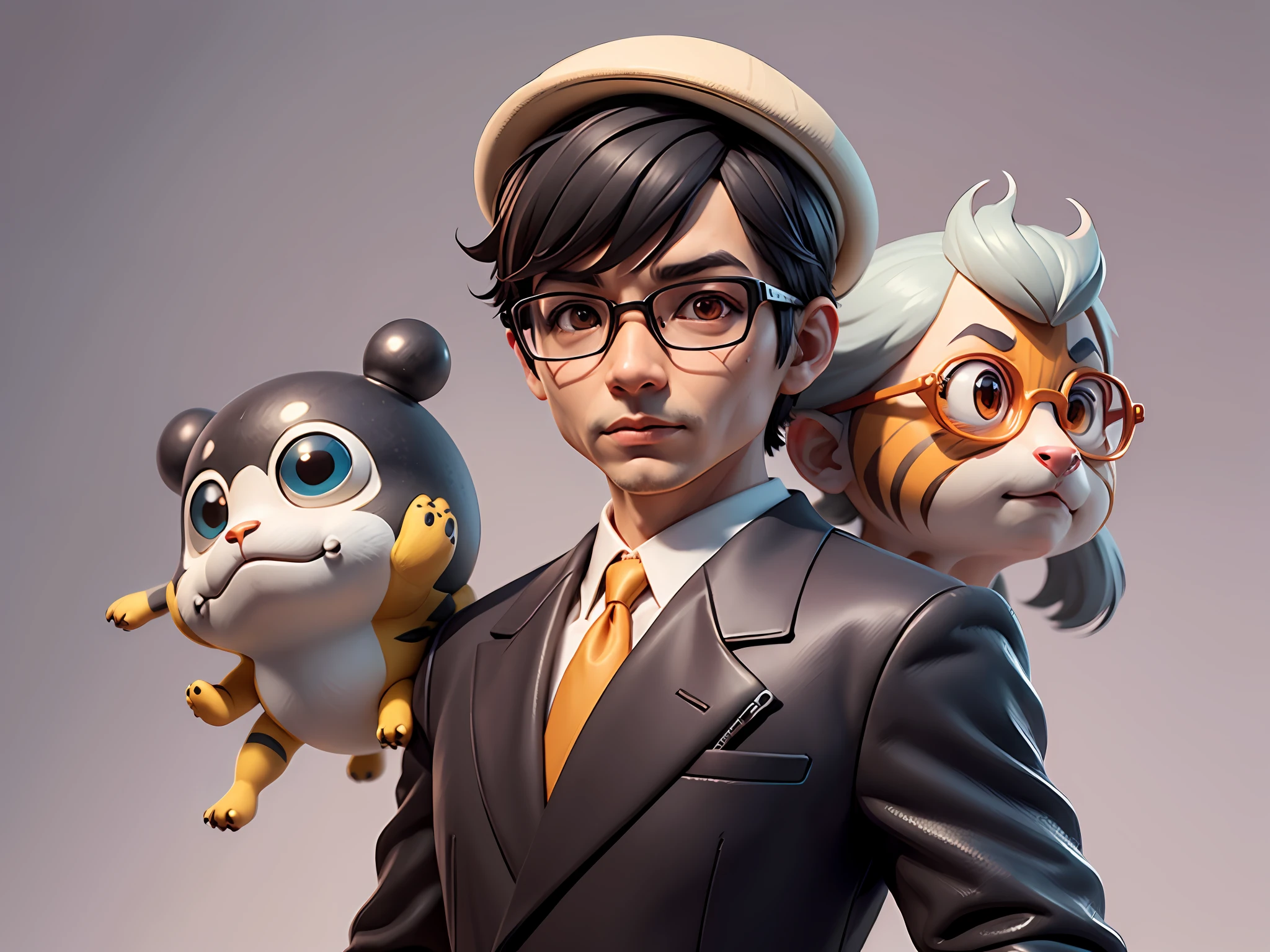 Young man with oriental face in leather hat, tiger, oriental face in formal suit, short black hair, silver glasses, digital painting, 3D character design by Mark Clairedon and Pixar and Hayao Miyazaki and Akira Toriyama, the illustration is a high-definition illustration in 4K resolution with very detailed facial features and cartoon-style visuals.