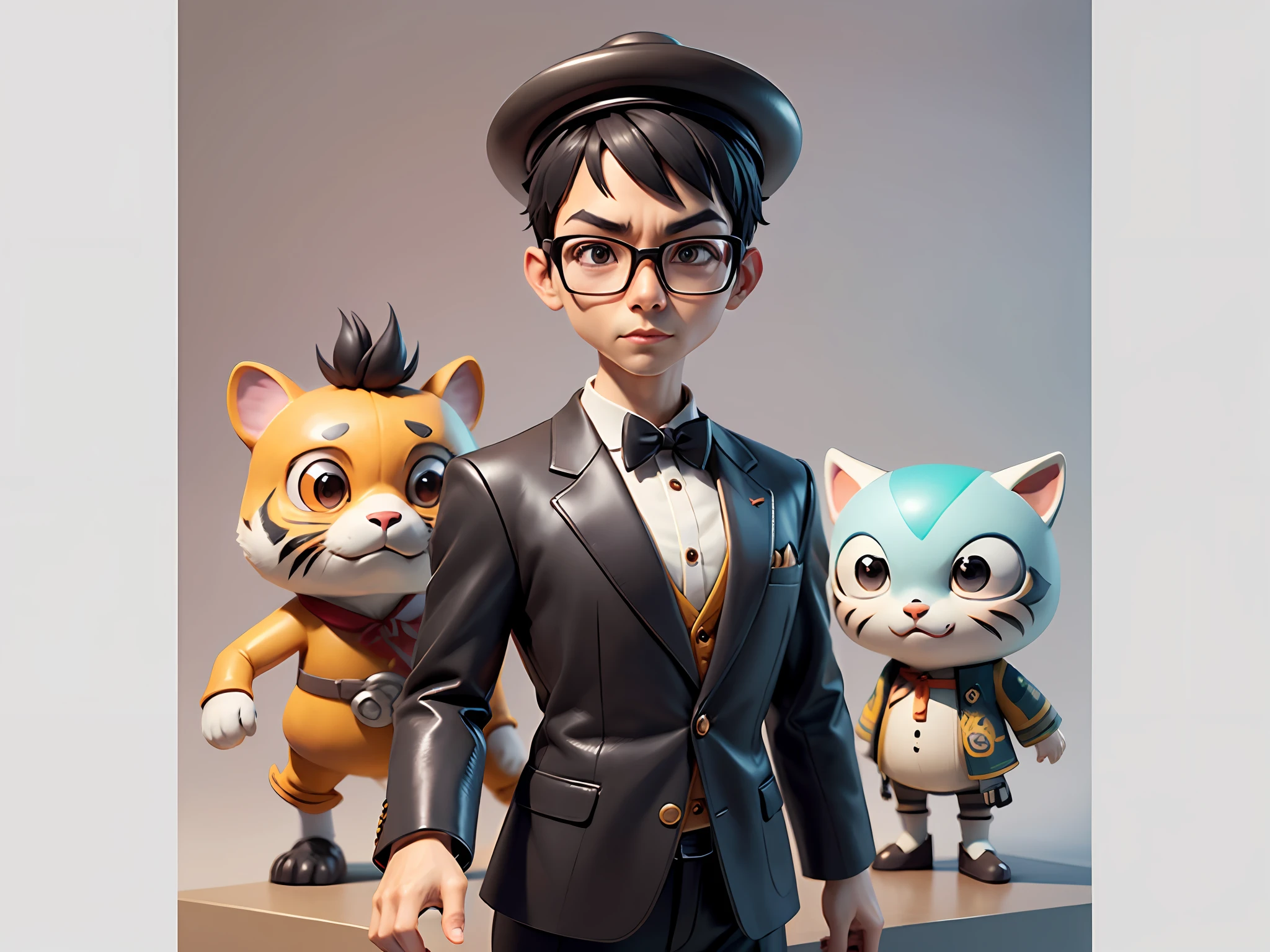 Young man with oriental face in leather hat, tiger, oriental face in formal suit, short black hair, silver glasses, digital painting, 3D character design by Mark Clairedon and Pixar and Hayao Miyazaki and Akira Toriyama, the illustration is a high-definition illustration in 4K resolution with very detailed facial features and cartoon-style visuals.