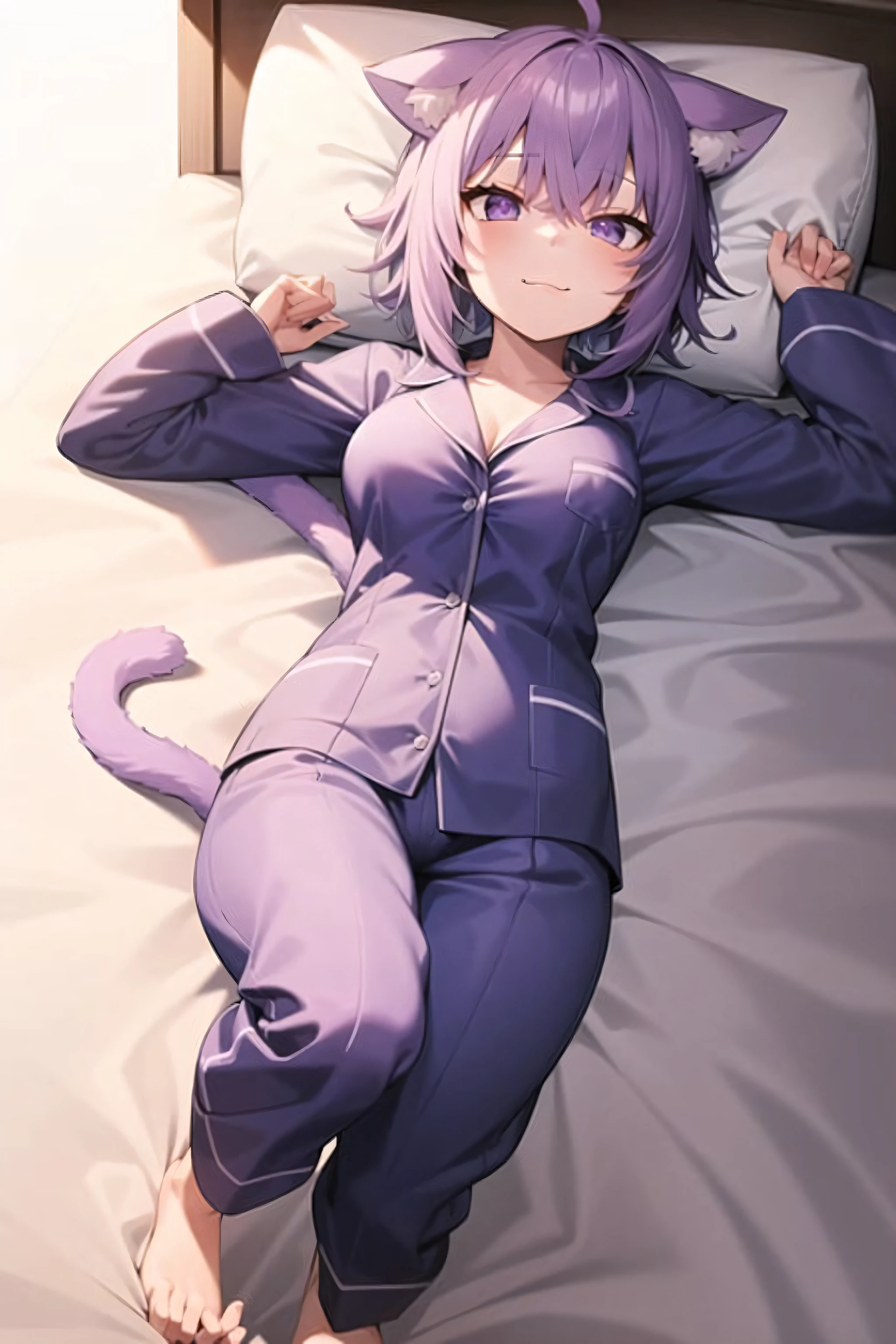 2d, masterpiece, best quality, anime, highly detailed face, highly detailed eyes, highly detailed background, perfect lighting, full body, 1girl, nekomata okayu, on bed, on back, lying, from above, :\3, purple pajamas, open pajamas, pillow, medium hair, breasts, cat tail