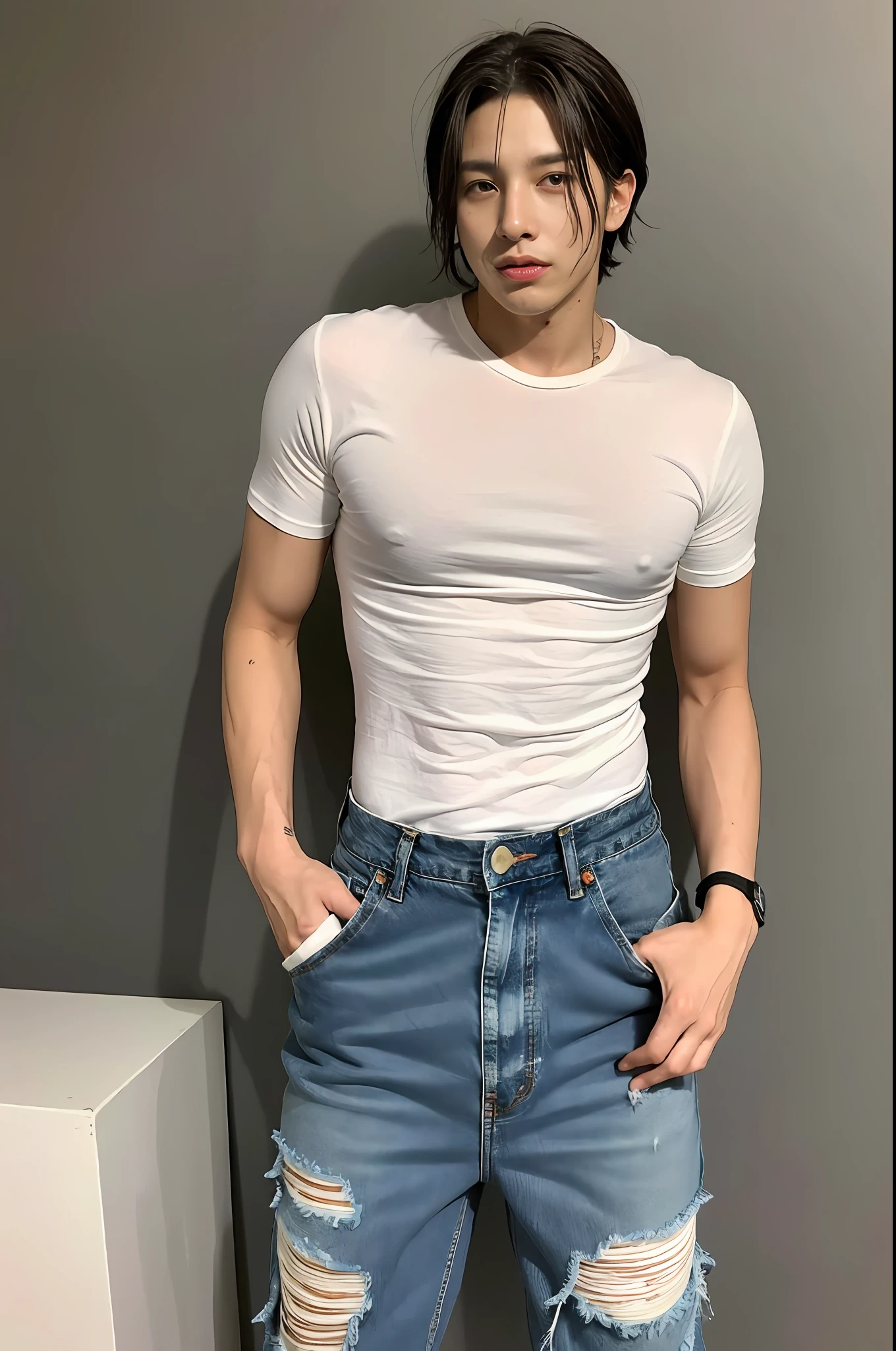 Um garoto coreano , wearing ripped jeans, Torn pants, (Jeans rasgada) (Torn pants), posing for photo shoot , corpo inteiro, fundo liso, jungkook, jungkook taeyang Jimim 1 boy, 1 homem, homem masculino coreano, homem masculino sozinho coreano sozinho, solo, sozinho, (alone) (sozinho) alone, sozinho sozinho sozinho sozinho SOZINHO SOZINHO SOZINHO SOZINHO