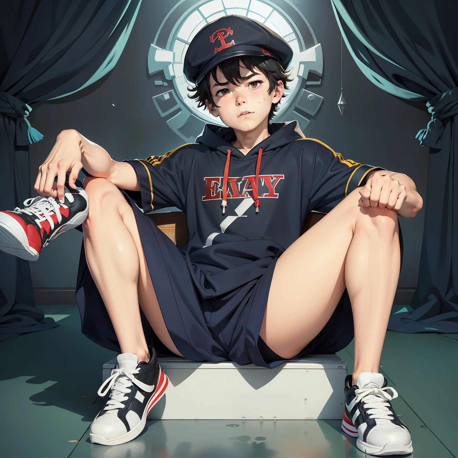 anime big breast,boy,Sick,The boy lifted Erlang's legs and remained sitting,The boy's faint evil sneer,The boy's legs are in front and the body is behind,The perspective is from bottom to top,Boys wearing sneakers